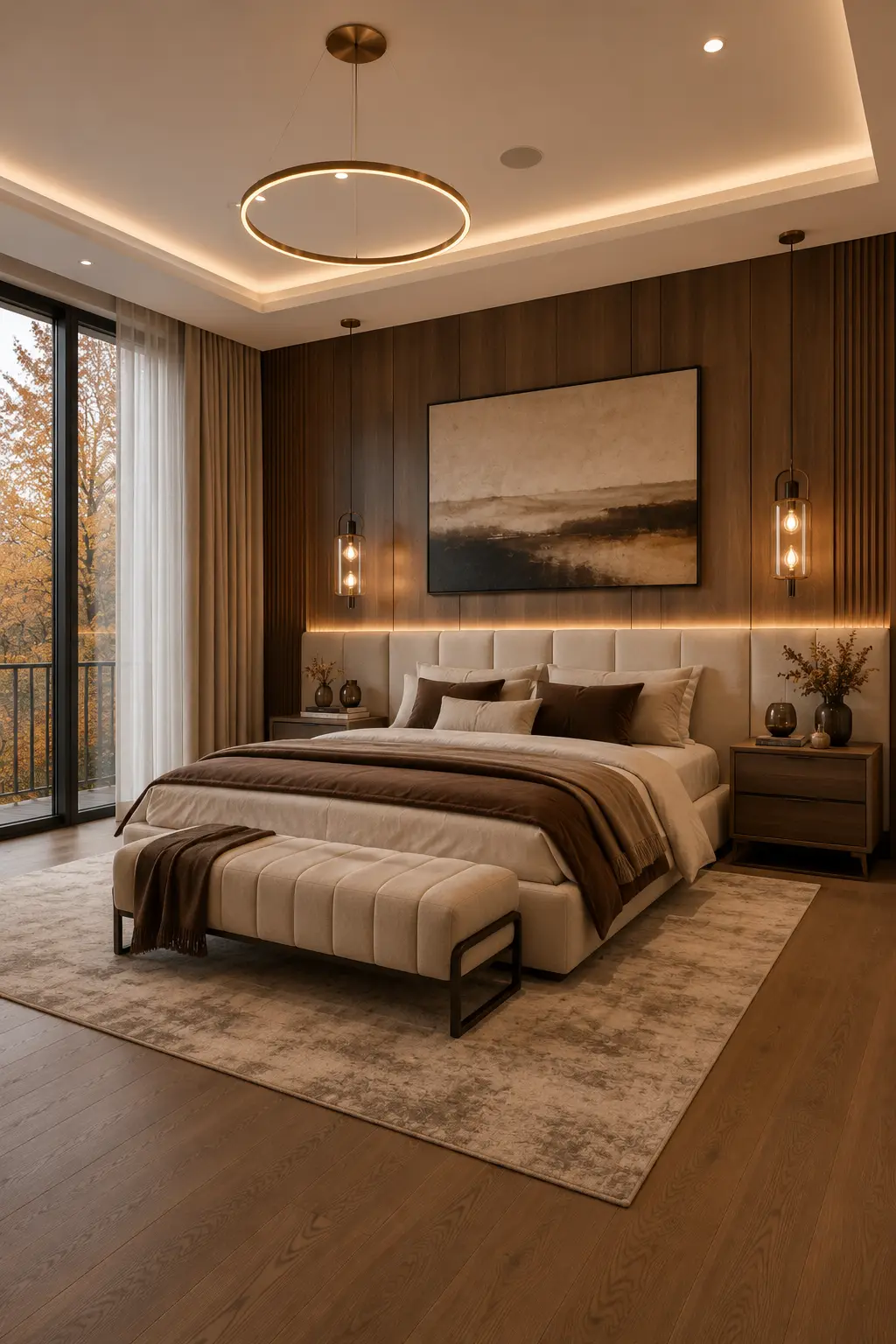 Luxury cream and chocolate fall bedroom with a tall upholstered bed, walnut feature wall, floating nightstands, layered neutral bedding, chocolate brown throw blanket, pendant bedside lighting, oversized artwork, plush area rug, warm oak flooring, floor to ceiling windows, cozy modern bedroom decor, elegant fall bedroom inspiration.