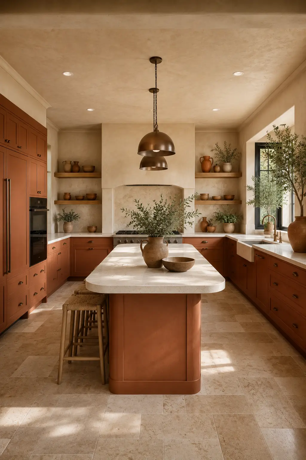 Luxury terracotta and sand beige kitchen featuring warm terracotta cabinetry, creamy quartz countertops, natural stone backsplash, bronze hardware, wooden open shelving, textured walls, oversized windows, and a timeless Mediterranean inspired kitchen color palette for 2026.