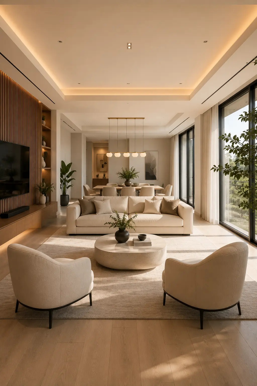 Designer small open living room with a cream sofa and two curved accent chairs arranged around a round stone coffee table, oversized textured rug, walnut media wall, open concept dining area, floor-to-ceiling windows, warm wood flooring, luxury neutral decor, and modern contemporary interior design.