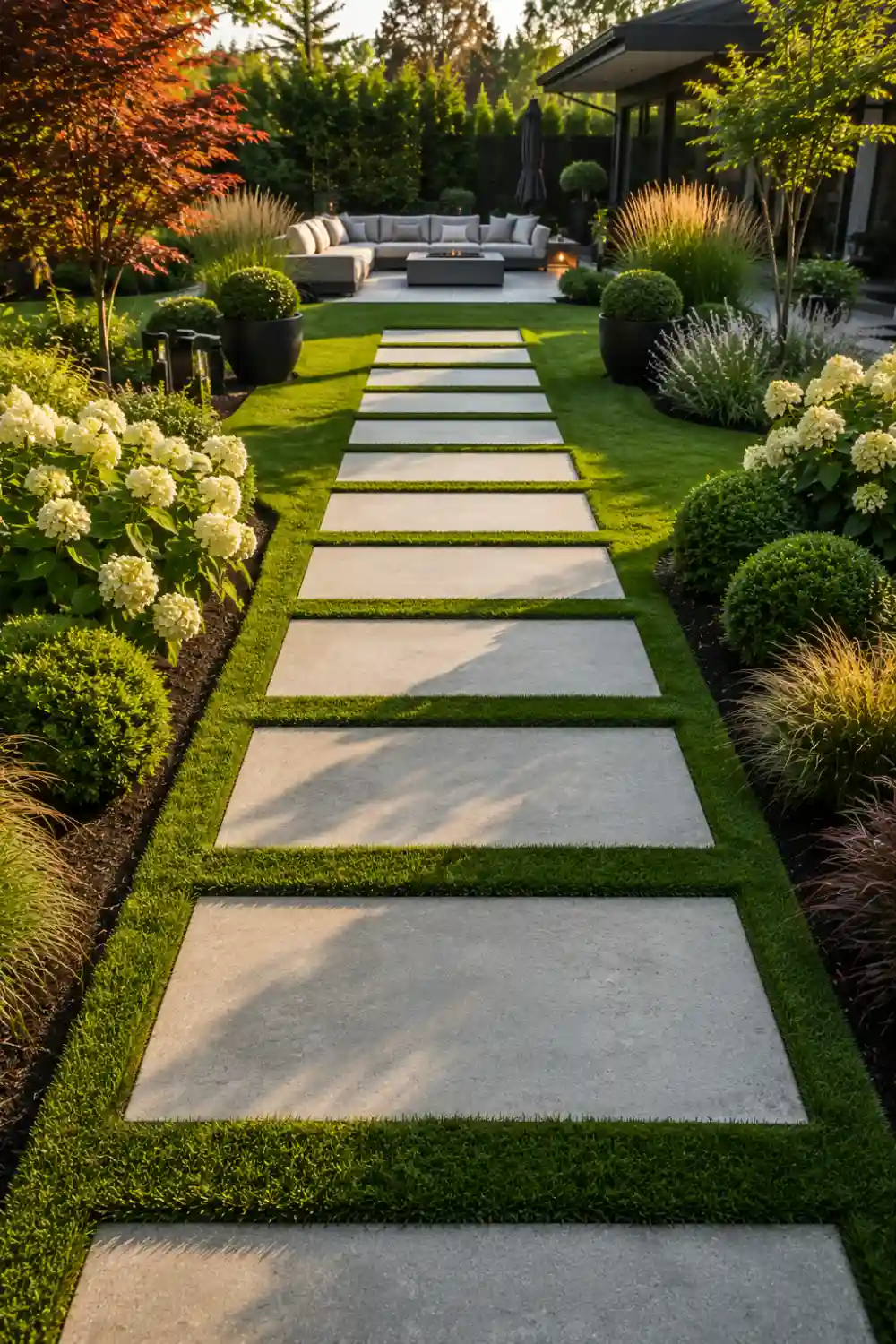 Modern concrete stepping stone garden path crossing a perfectly manicured green lawn with ornamental grasses, white hydrangeas, sculptural shrubs, and contemporary landscaping leading to a stylish outdoor living space in a luxury backyard.