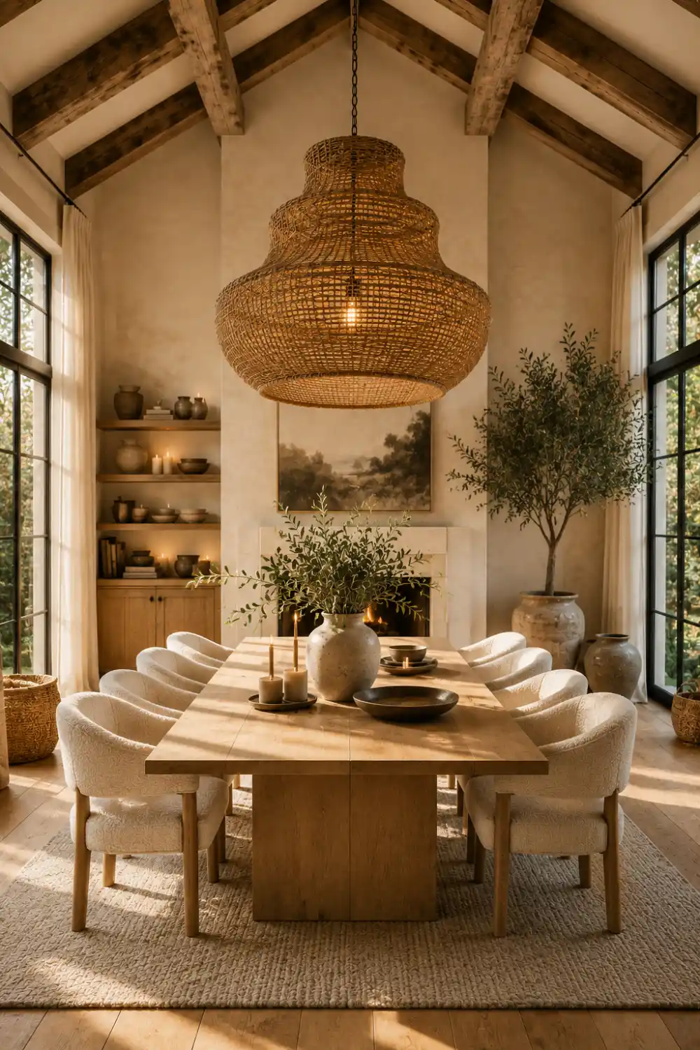 Luxury modern rustic dining room featuring an oversized woven rattan pendant light above a solid oak dining table, upholstered boucle dining chairs, reclaimed wood ceiling beams, floor to ceiling black framed windows, neutral linen curtains, textured area rug, ceramic centerpiece, indoor olive tree, and warm natural sunlight creating an inviting designer inspired dining space.