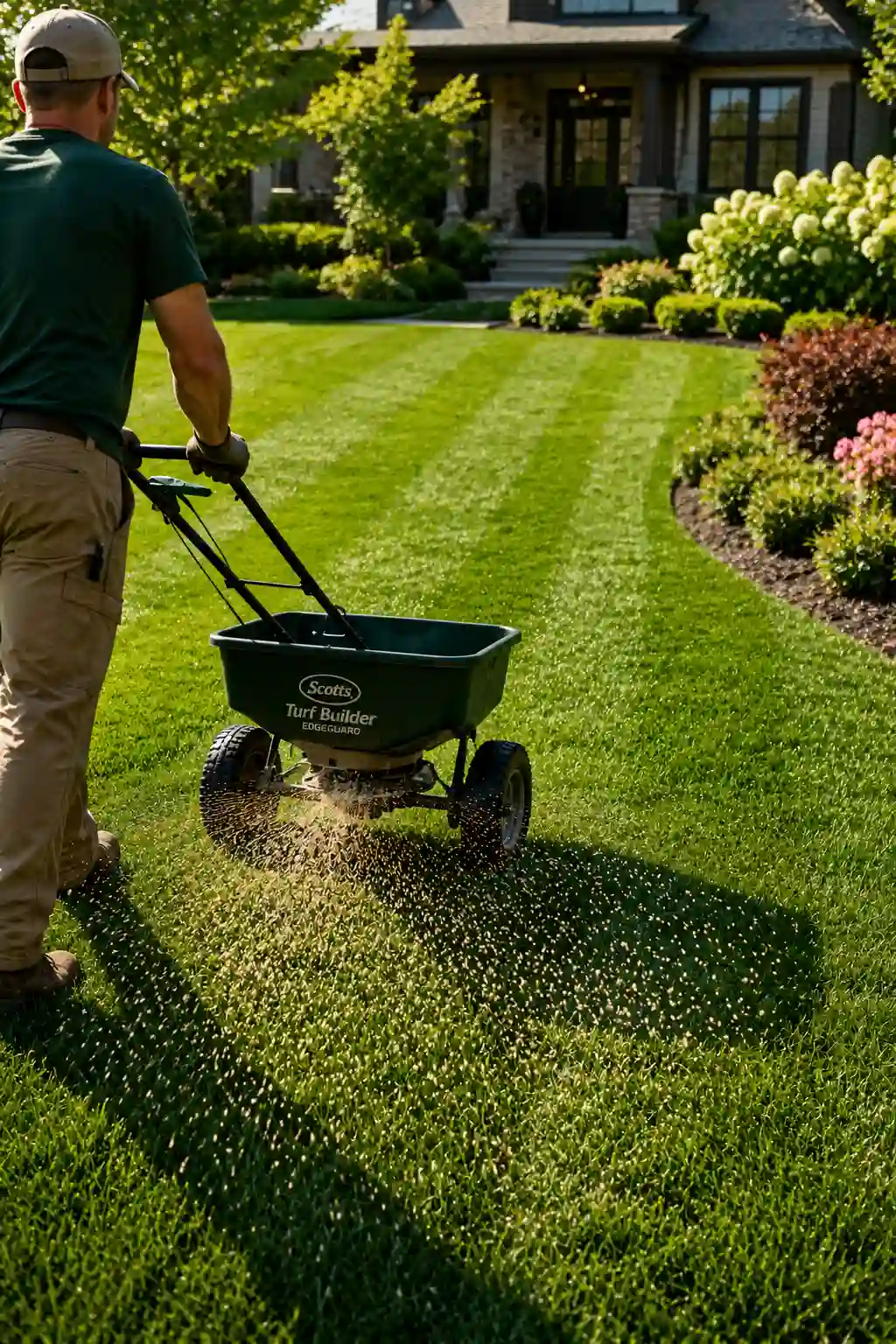 Homeowner applying lawn fertilizer with a broadcast spreader across a lush green lawn, promoting healthy grass growth, stronger roots, vibrant color, professional lawn feeding, backyard landscaping, and seasonal lawn care maintenance.