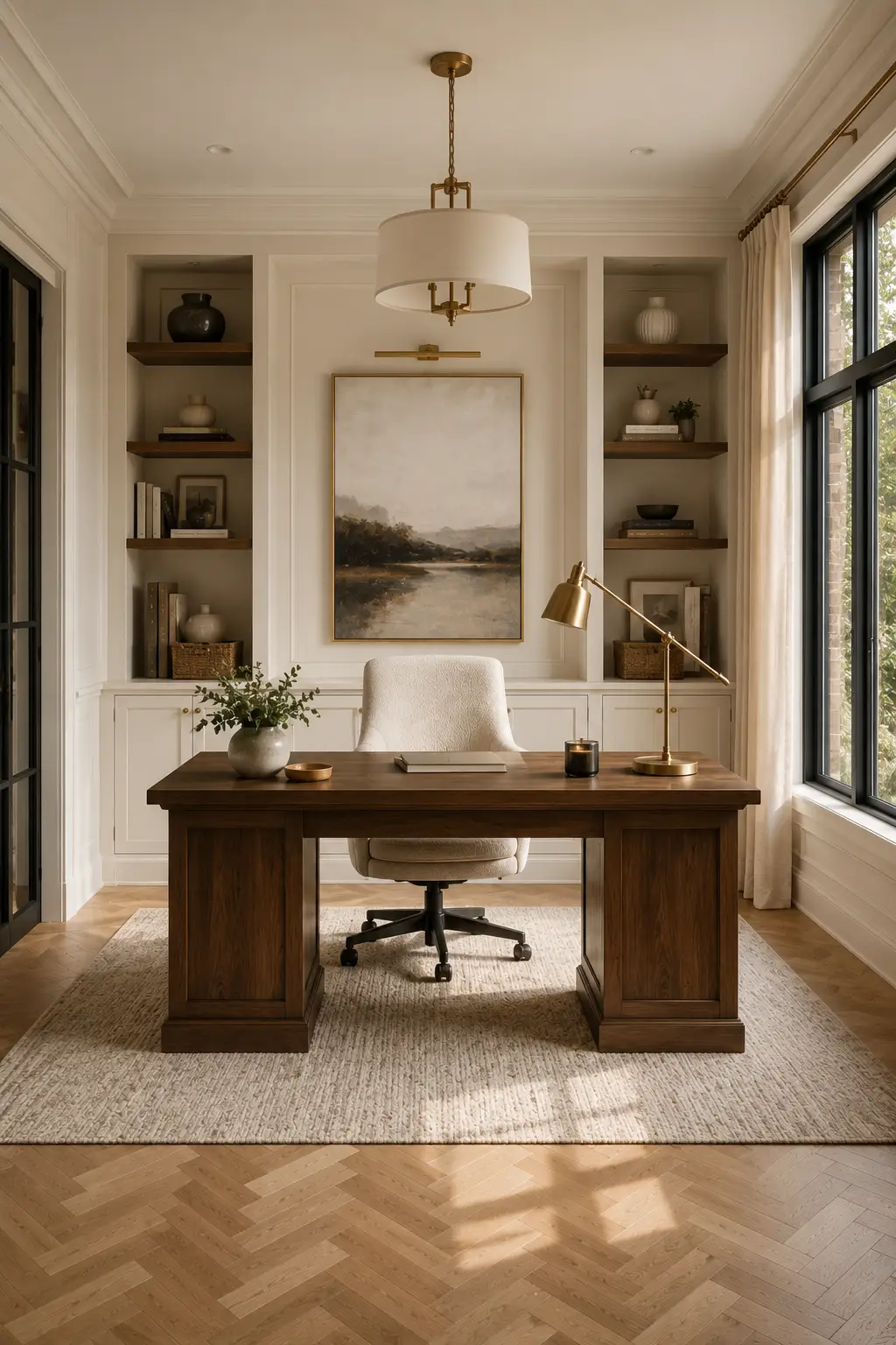 Luxury dedicated small home office with a custom wood desk, full height built in cabinets, floating shelves, ergonomic office chair, textured rug, oversized windows, elegant lighting, indoor greenery, and a beautifully organized modern workspace for compact interiors.