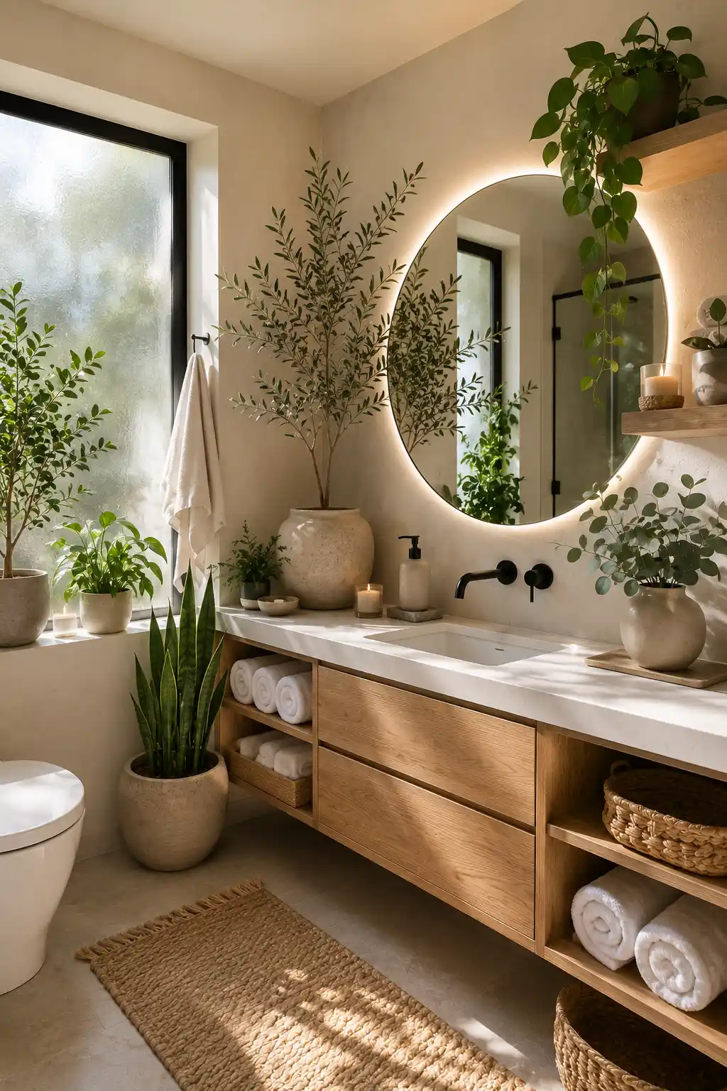 Modern guest bathroom decorated with lush indoor plants including eucalyptus, olive tree, pothos, and snake plant beside a floating wood vanity with round LED mirror creating a fresh spa inspired bathroom decor.