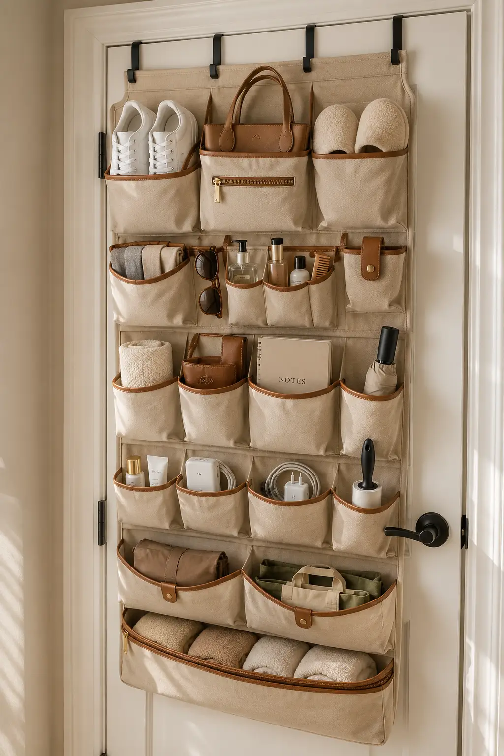 Premium over the door storage organizer with multiple fabric pockets holding shoes, handbags, skincare products, accessories, and everyday essentials, perfect for maximizing storage in a small bedroom while keeping everything neatly organized and easy to reach.