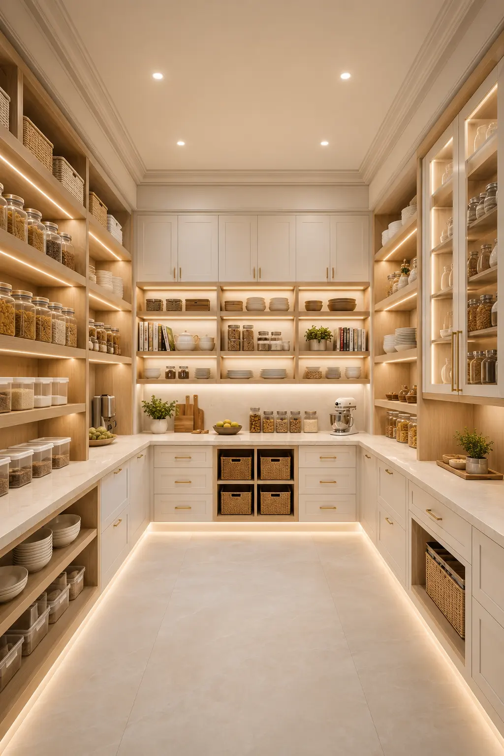 Luxury LED lit walk in pantry featuring floor to ceiling white cabinetry, natural oak shelving, integrated warm LED lighting, quartz countertops, organized glass jars, clear storage containers, premium pantry shelving, and elegant modern pantry organization ideas for contemporary homes.