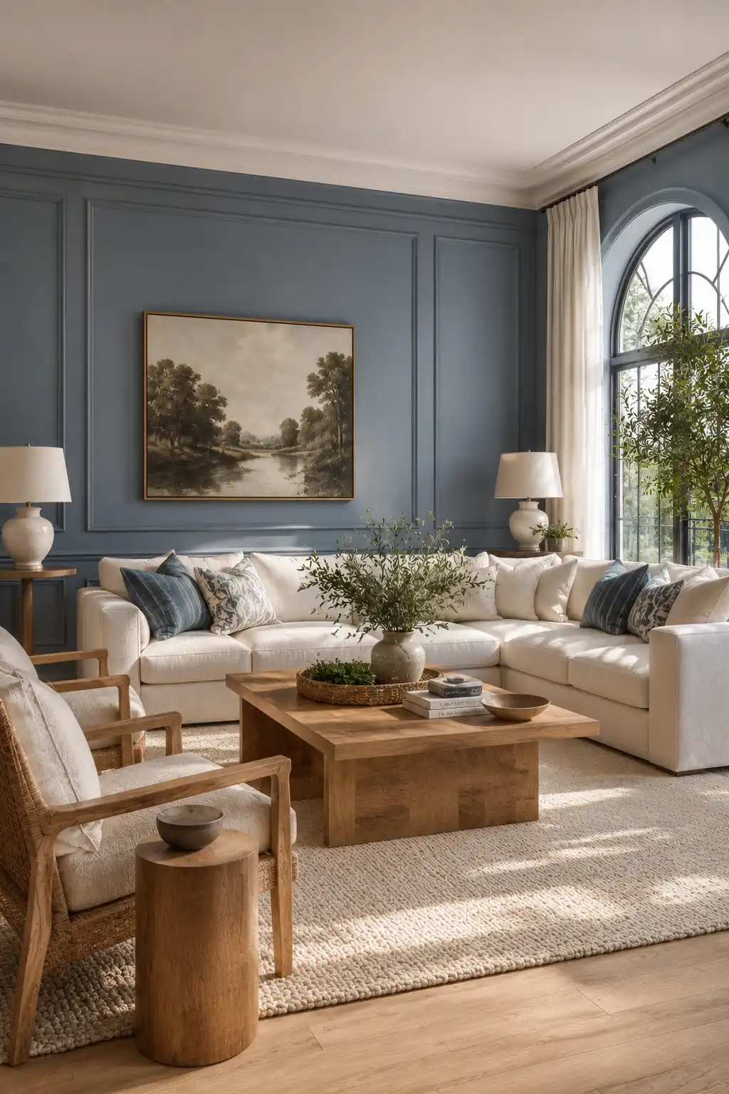 Sophisticated slate blue and cream living room featuring soft slate blue wall paneling, large cream sectional sofa, solid oak coffee table, woven accent chairs, textured ivory rug, ceramic table lamps, oversized landscape artwork, arched black framed window, flowing white linen curtains, indoor olive tree, natural wood flooring, and cozy modern designer styling.