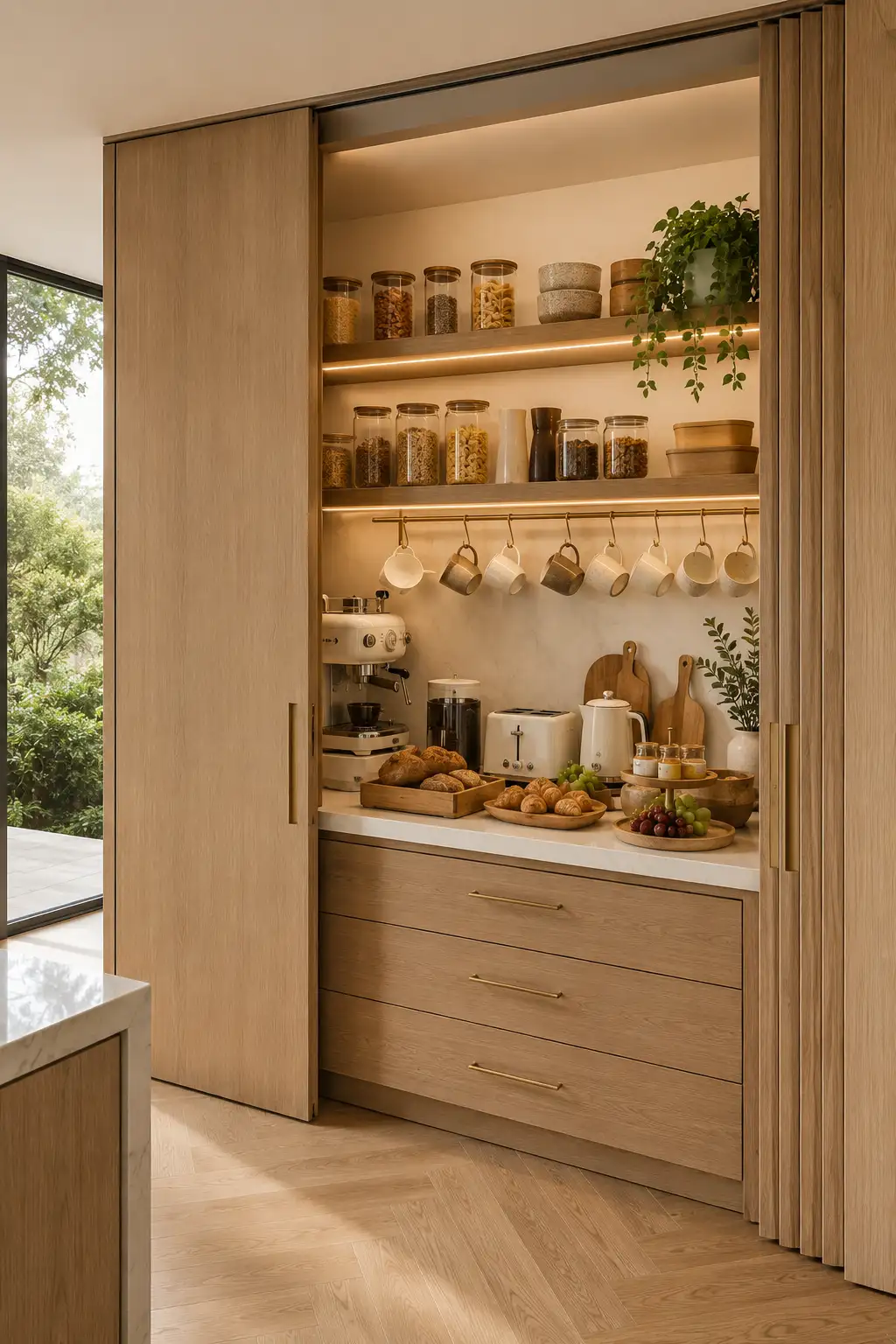 Luxury hidden coffee station behind elegant sliding wood doors featuring an espresso machine, coffee grinder, toaster, quartz countertop, floating wood shelves, ceramic mugs, glass storage jars, warm LED lighting, modern coffee bar, concealed kitchen storage, white oak cabinetry, and stylish contemporary kitchen design.