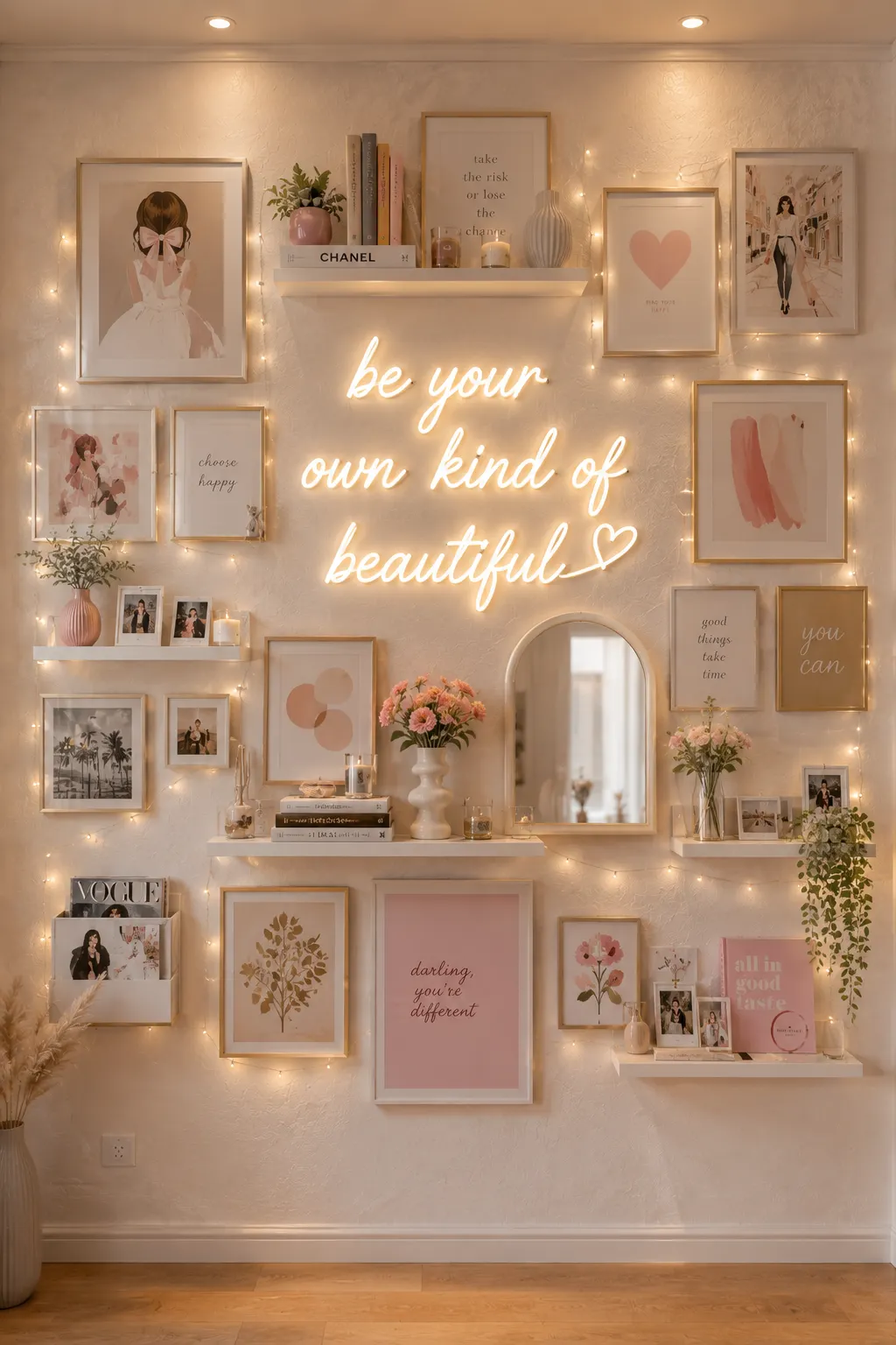 Modern teen girl bedroom gallery wall with framed artwork, neon sign, floating shelves, fairy lights, aesthetic wall decor, personalized photo display, cozy lighting, and stylish bedroom inspiration for Pinterest.