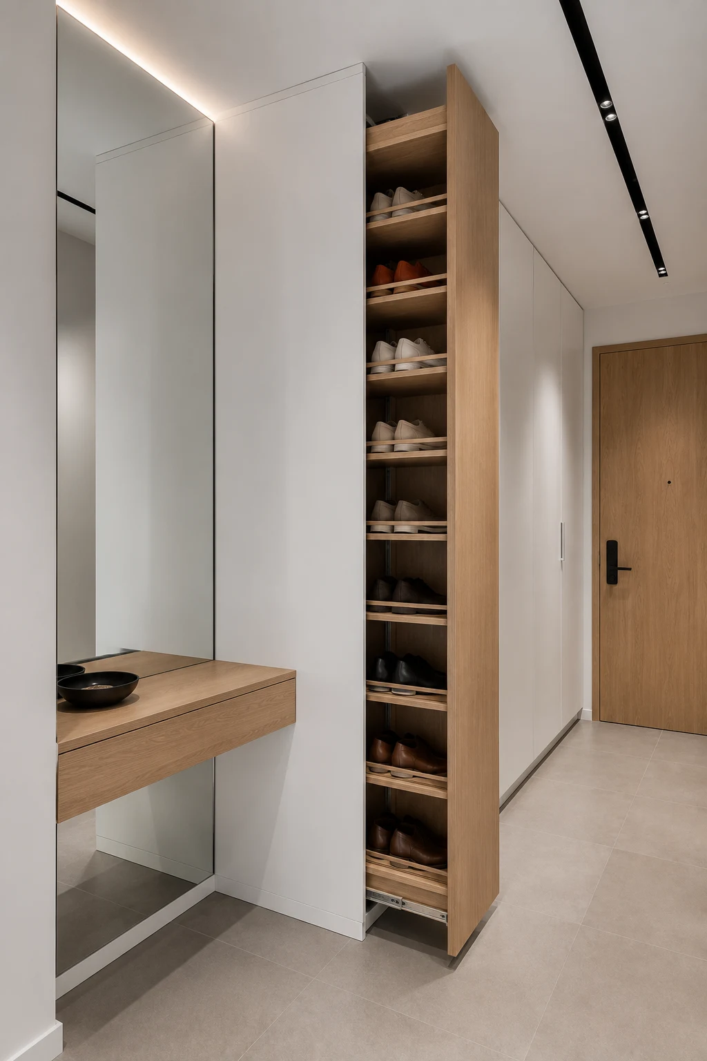 Modern small entryway with a tall pull out shoe cabinet, hidden shoe storage, floor to ceiling white cabinetry, floating wood console, oversized wall mirror, warm oak finishes, recessed lighting, and space saving organization for compact homes.