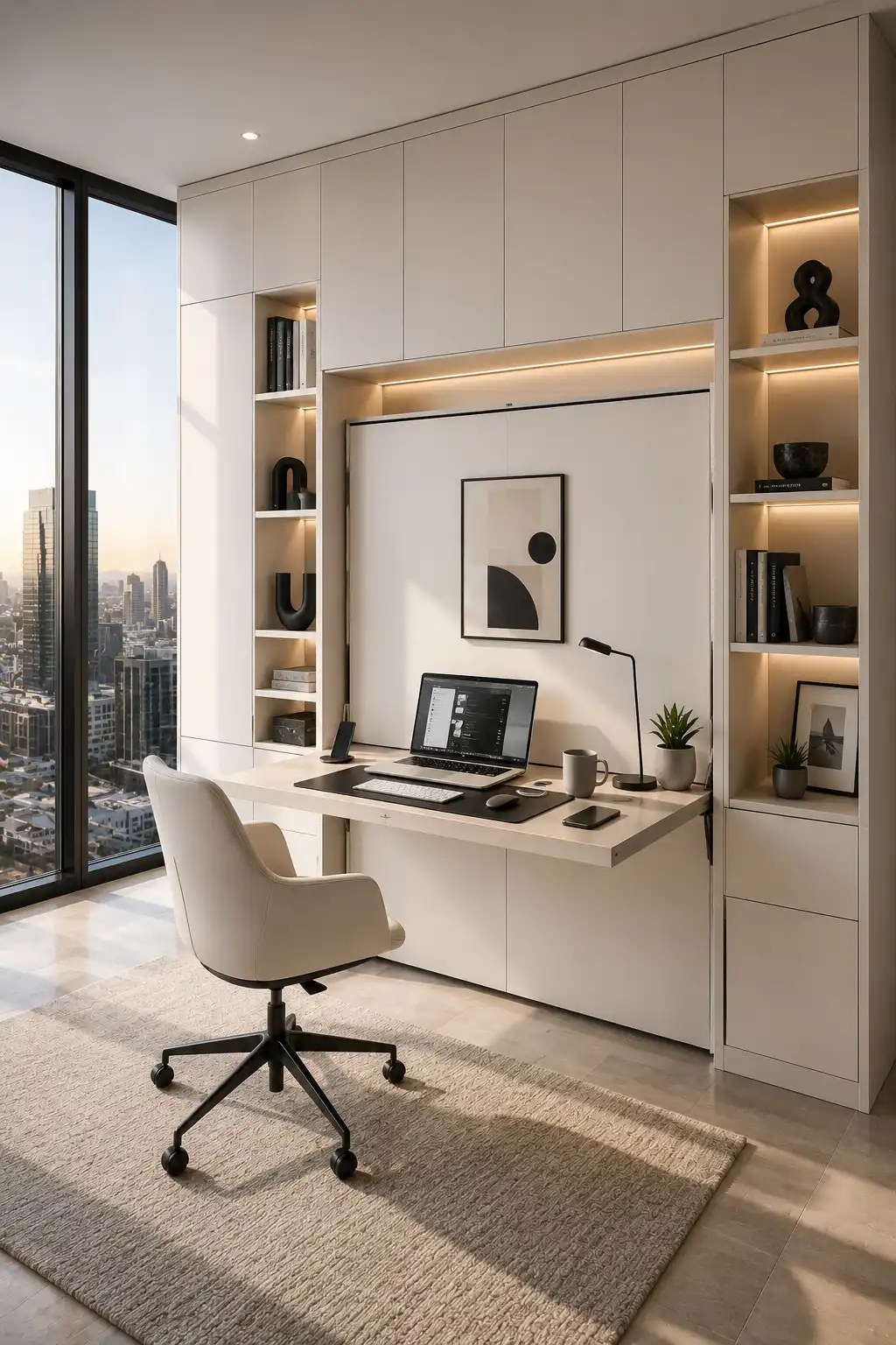 Luxury small home office ideas featuring a custom Murphy desk, floor to ceiling built in cabinets, hidden storage, illuminated display niches, ergonomic office chair, modern workspace, minimalist cabinetry, compact office design, contemporary home office inspiration.