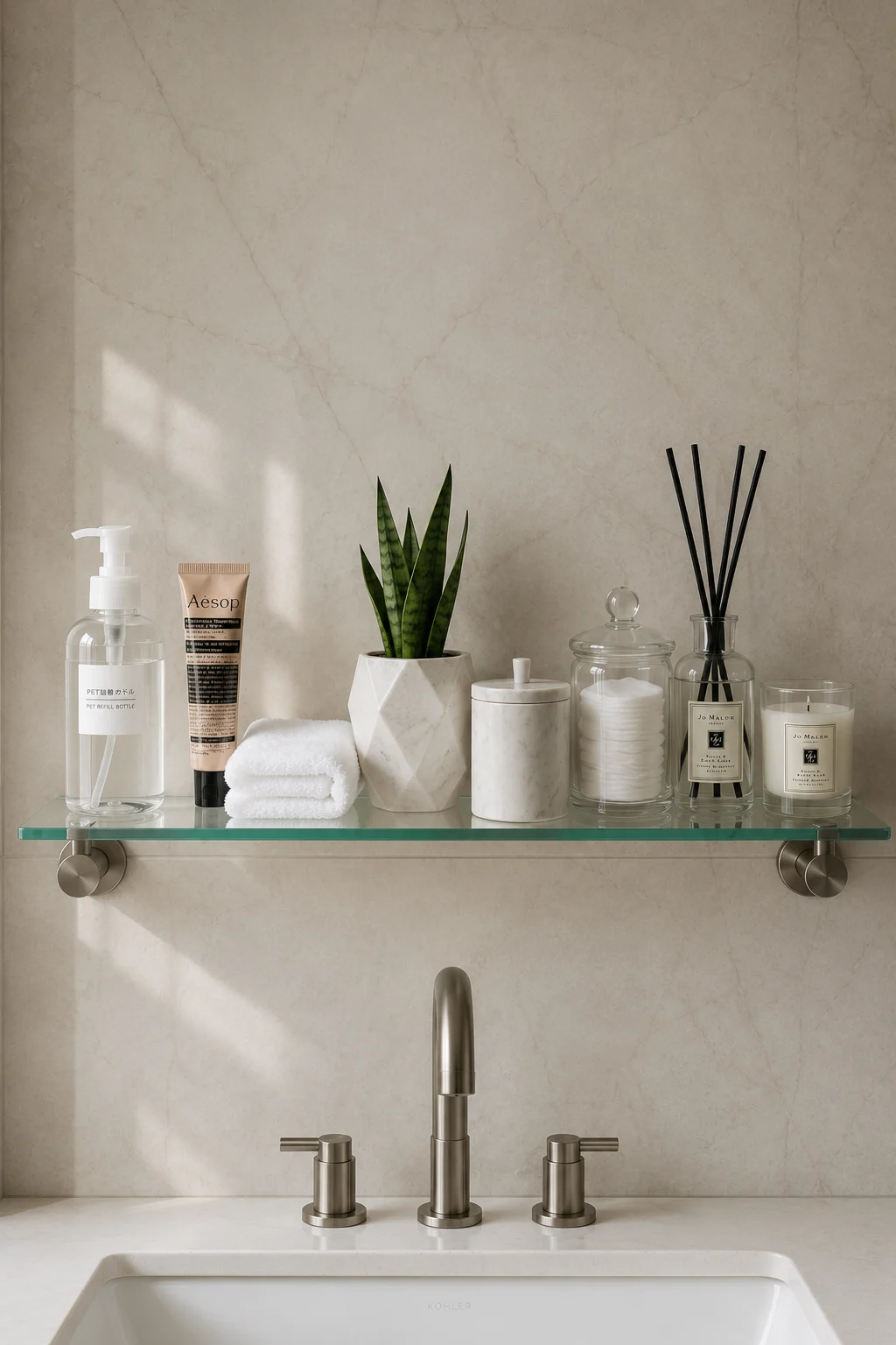 Floating tempered glass bathroom shelf styled with skincare bottles, folded white towels, marble storage container, reed diffuser, indoor snake plant, cotton jar, luxury bathroom shelf décor, modern bathroom storage ideas, elegant vanity organization, small bathroom makeover inspiration.