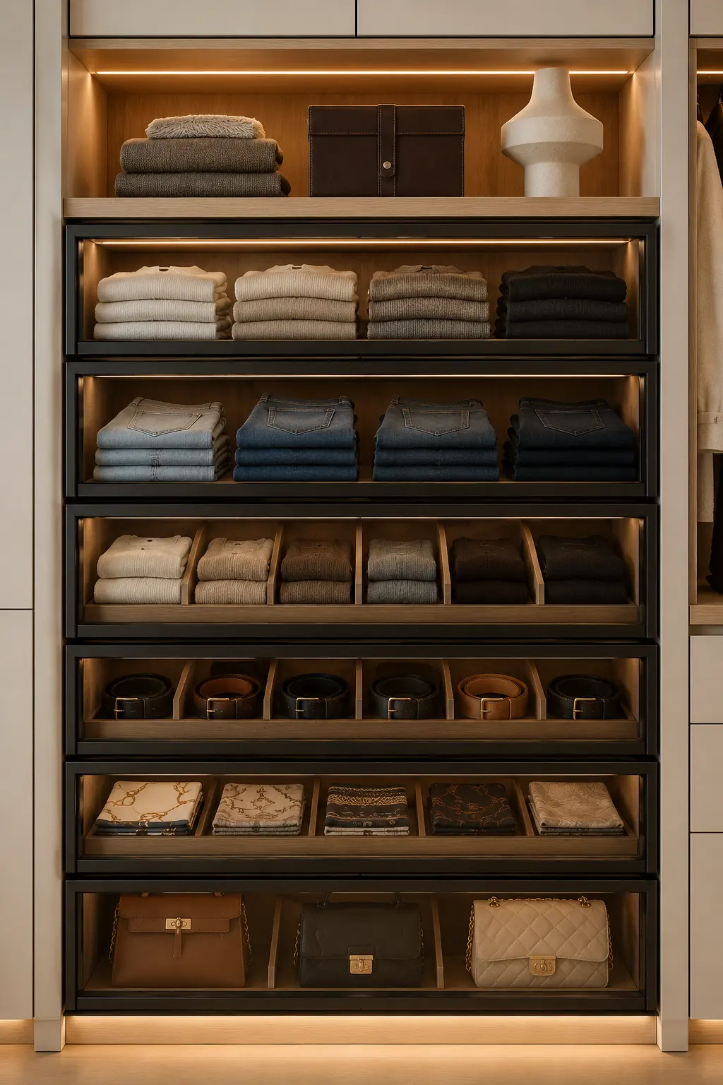 Modern luxury closet featuring elegant glass front drawers with neatly folded sweaters, jeans, accessories, handbags, built in drawer dividers, warm LED lighting, premium custom cabinetry, transparent storage drawers, and smart small closet organization ideas for a clean boutique inspired wardrobe.