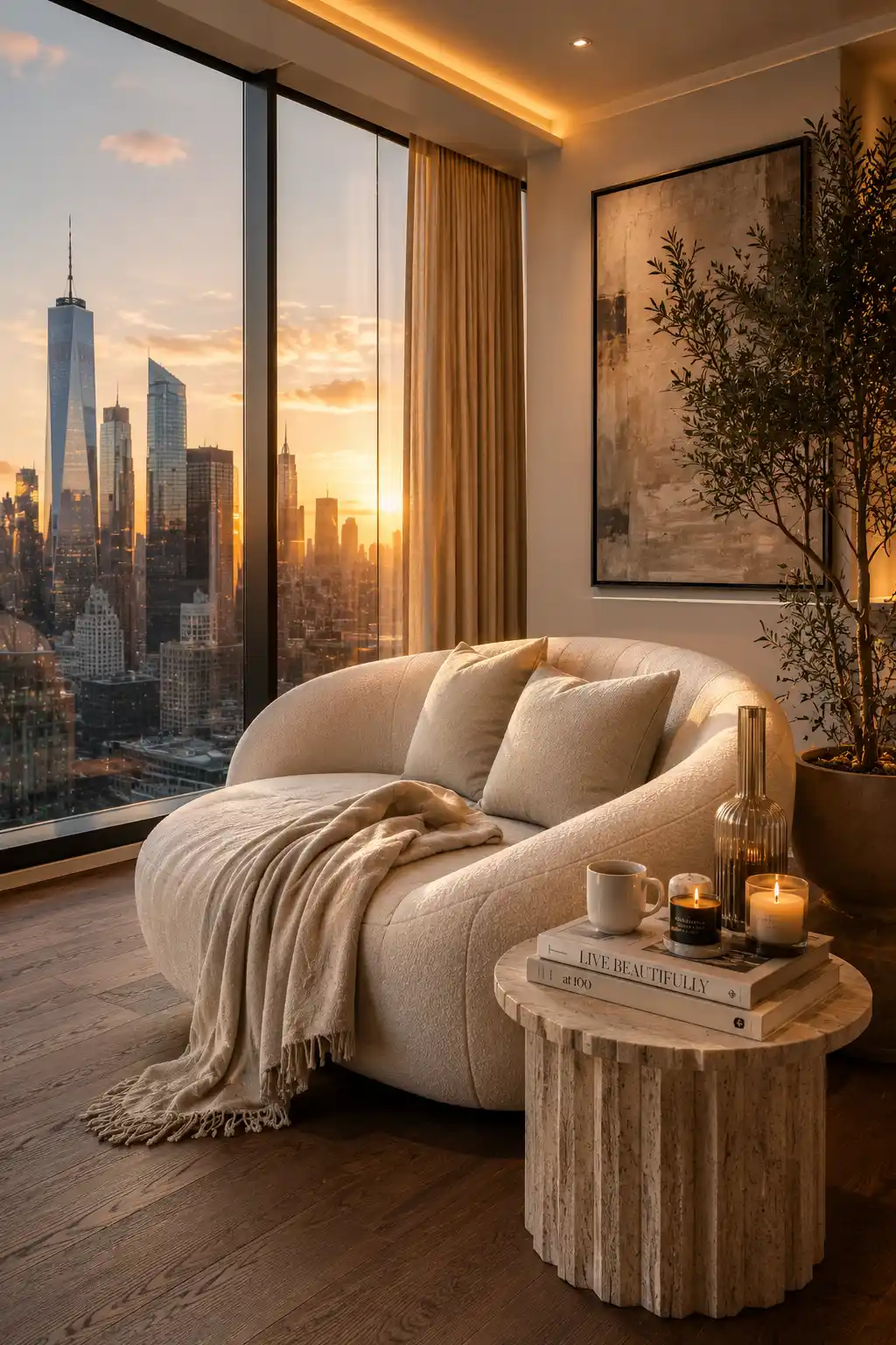 Luxury penthouse reading chair beside floor to ceiling windows with stunning city skyline views, oversized bouclé lounge chair, travertine side table, designer decor, warm ambient lighting, and modern cozy reading nook inspiration.