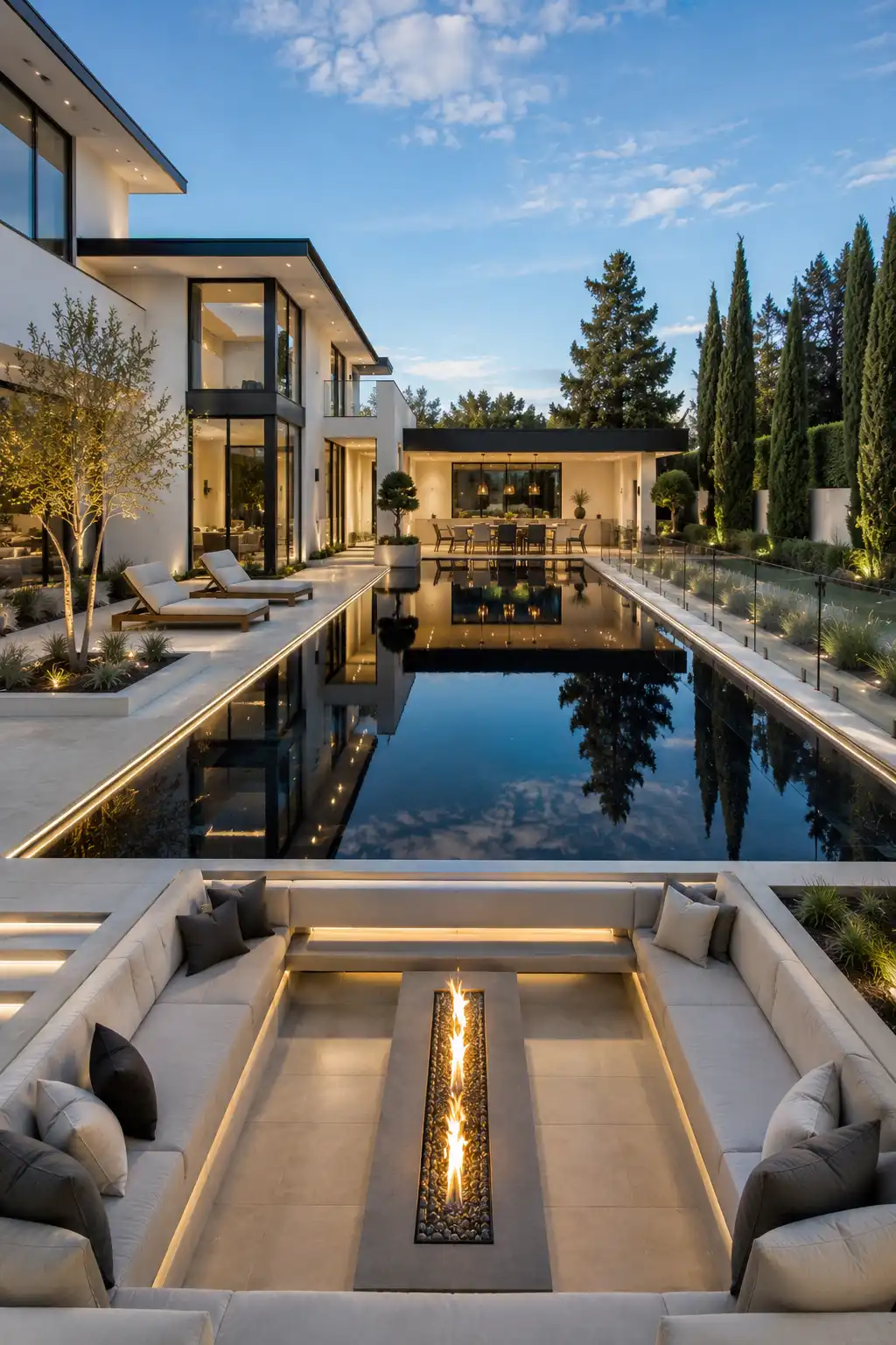 Luxury black bottom backyard pool with reflective water, modern fire pit lounge, contemporary white home, oversized porcelain pavers, outdoor dining space, architectural landscape lighting, premium sun loungers, and sleek minimalist backyard pool design.