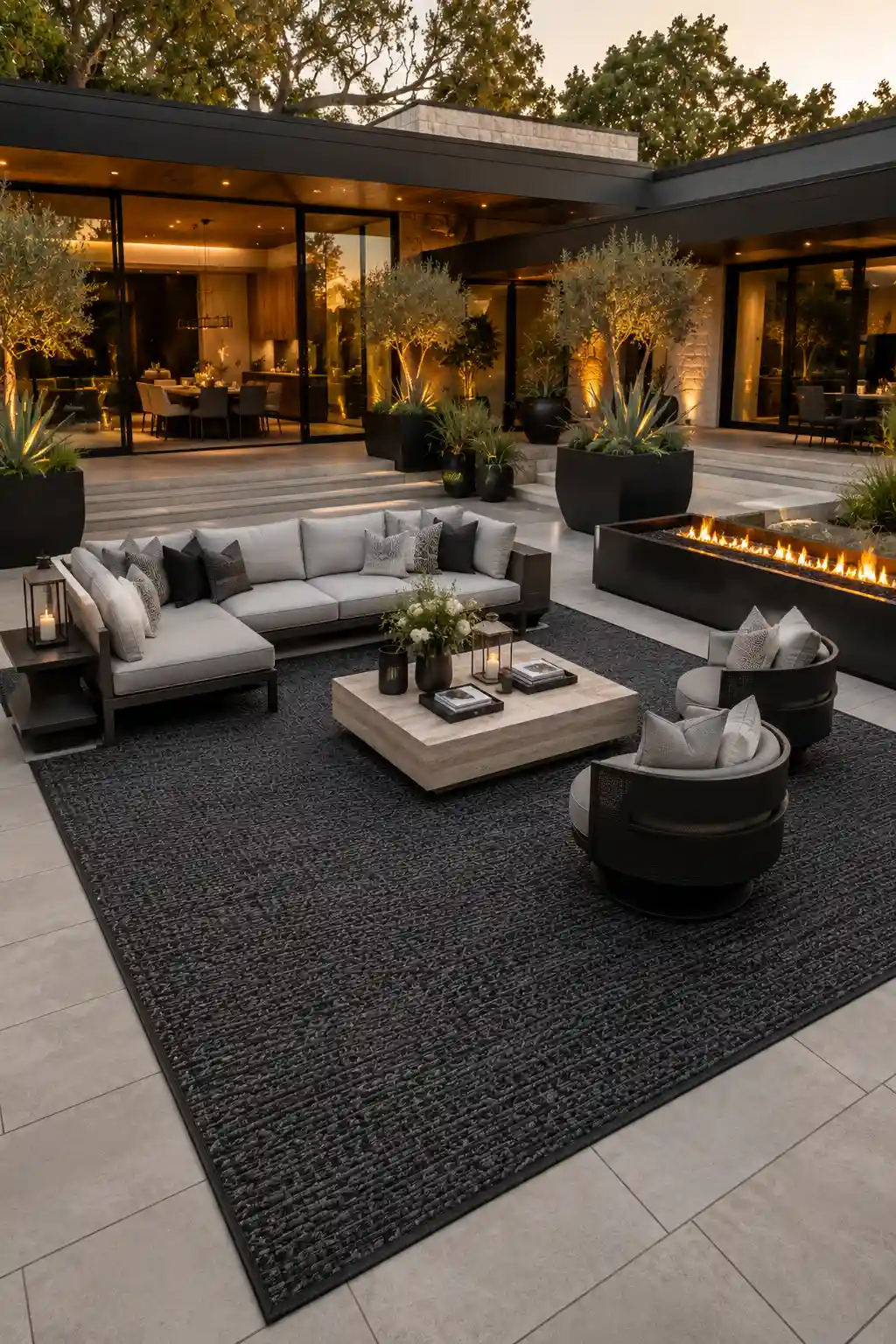 Luxury contemporary backyard patio showcasing a charcoal textured outdoor rug beneath a modern gray sectional, black lounge chairs, oversized stone coffee table, sleek linear fire feature, matte black planters with sculptural greenery, porcelain tile flooring, architectural lighting, and a sophisticated outdoor lounge surrounded by modern landscaping.