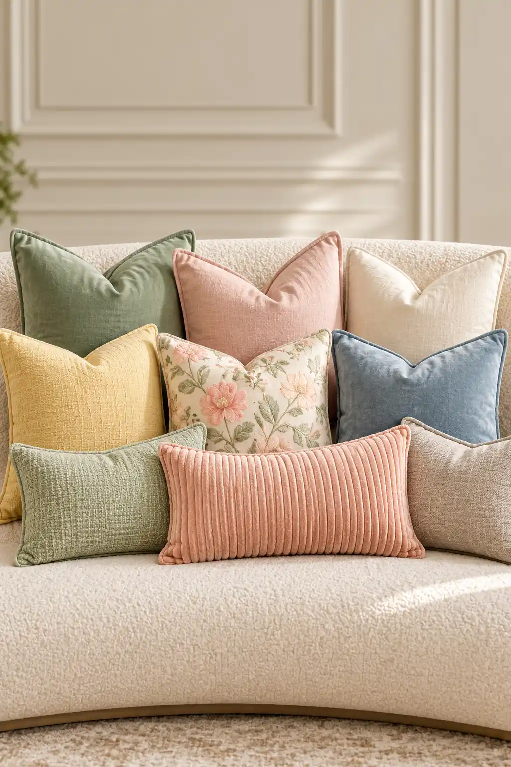 Modern cream boucle sofa styled with layered pastel throw pillows in sage green, blush pink, butter yellow, ivory, and powder blue featuring premium linen and boucle fabrics for elegant spring living room decor with soft natural lighting.