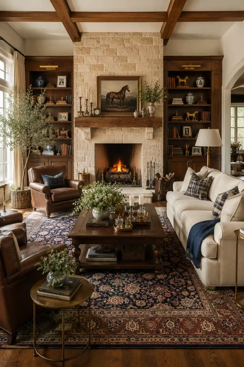 Elegant Ralph Lauren living room with a grand limestone fireplace, custom walnut built in bookshelves, leather armchairs, cream upholstered sofa, oversized Persian rug, solid wood coffee table, equestrian horse artwork, antique brass accents, decorative books, white hydrangeas, exposed ceiling beams, and timeless traditional luxury home decor filled with warmth and character.