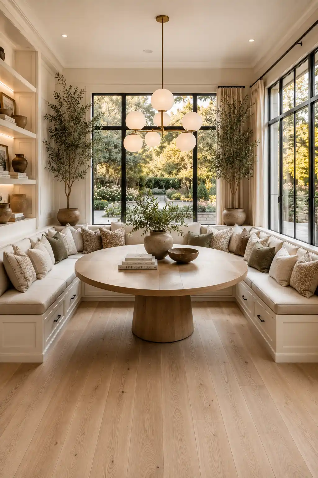 Wrap around banquette seating with hidden storage drawers, round oak dining table, white built in dining bench, globe chandelier, floor to ceiling windows, cozy family dining nook, luxury breakfast nook ideas, custom banquette seating, elegant dining room inspiration.