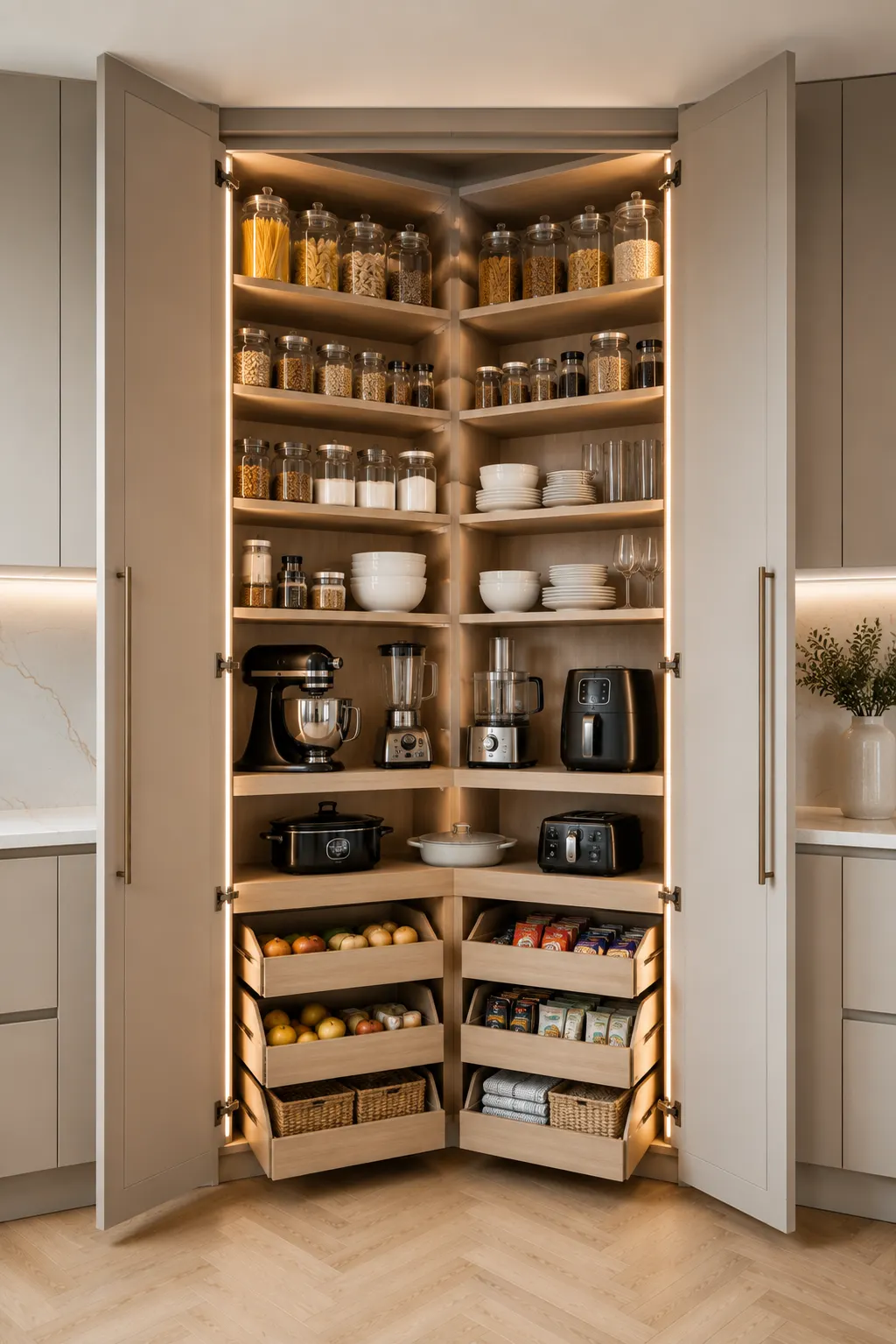 Elegant floor to ceiling kitchen corner pantry cabinet with open shelving, glass storage jars, pantry essentials, baskets, stand mixer, air fryer, food processor, serving dishes, and integrated warm LED lighting. Luxury contemporary kitchen with custom built corner pantry storage and premium modern cabinetry.