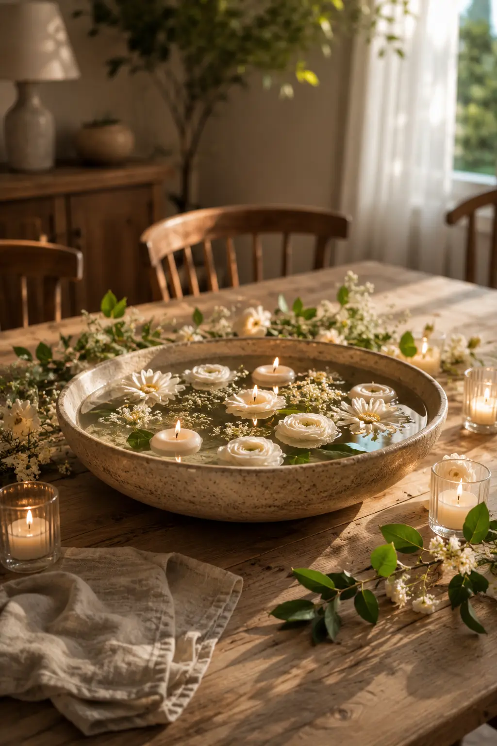 Large ceramic bowl filled with floating white candles, fresh white flowers, delicate greenery, and clear water displayed as an elegant seasonal centerpiece on a wooden dining table surrounded by small glowing votive candles.