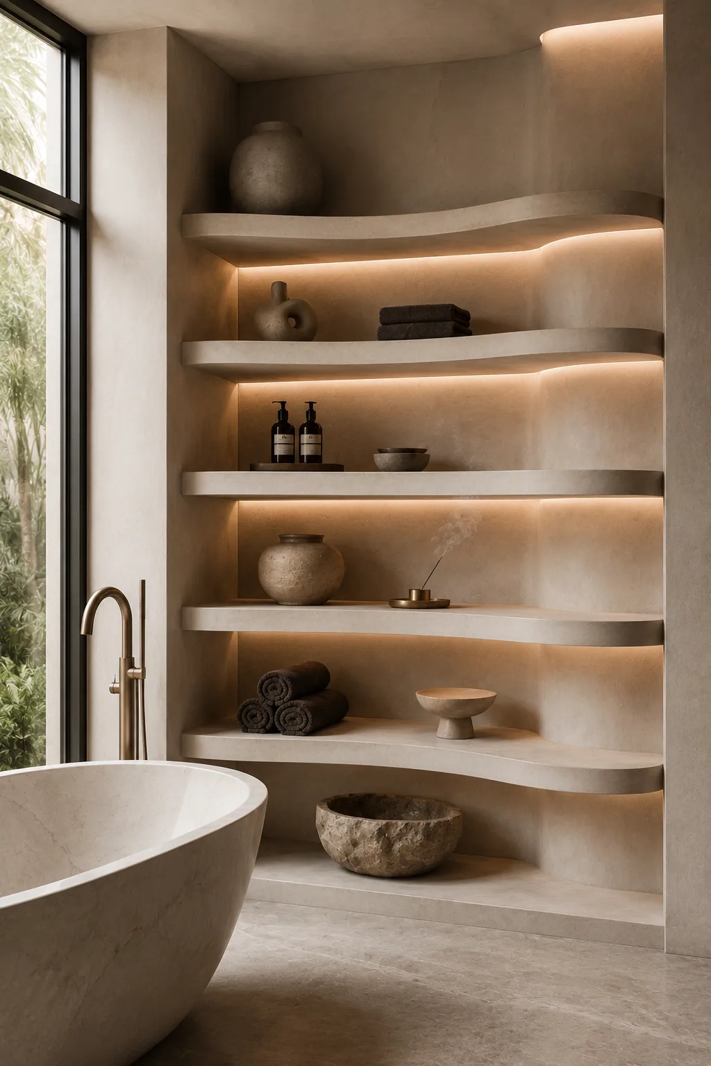 Luxury bathroom featuring a curved floating shelf wall beside a freestanding bathtub, with warm hidden lighting, rolled towels, ceramic vessels, premium bath products, and sculptural modern bathroom storage.