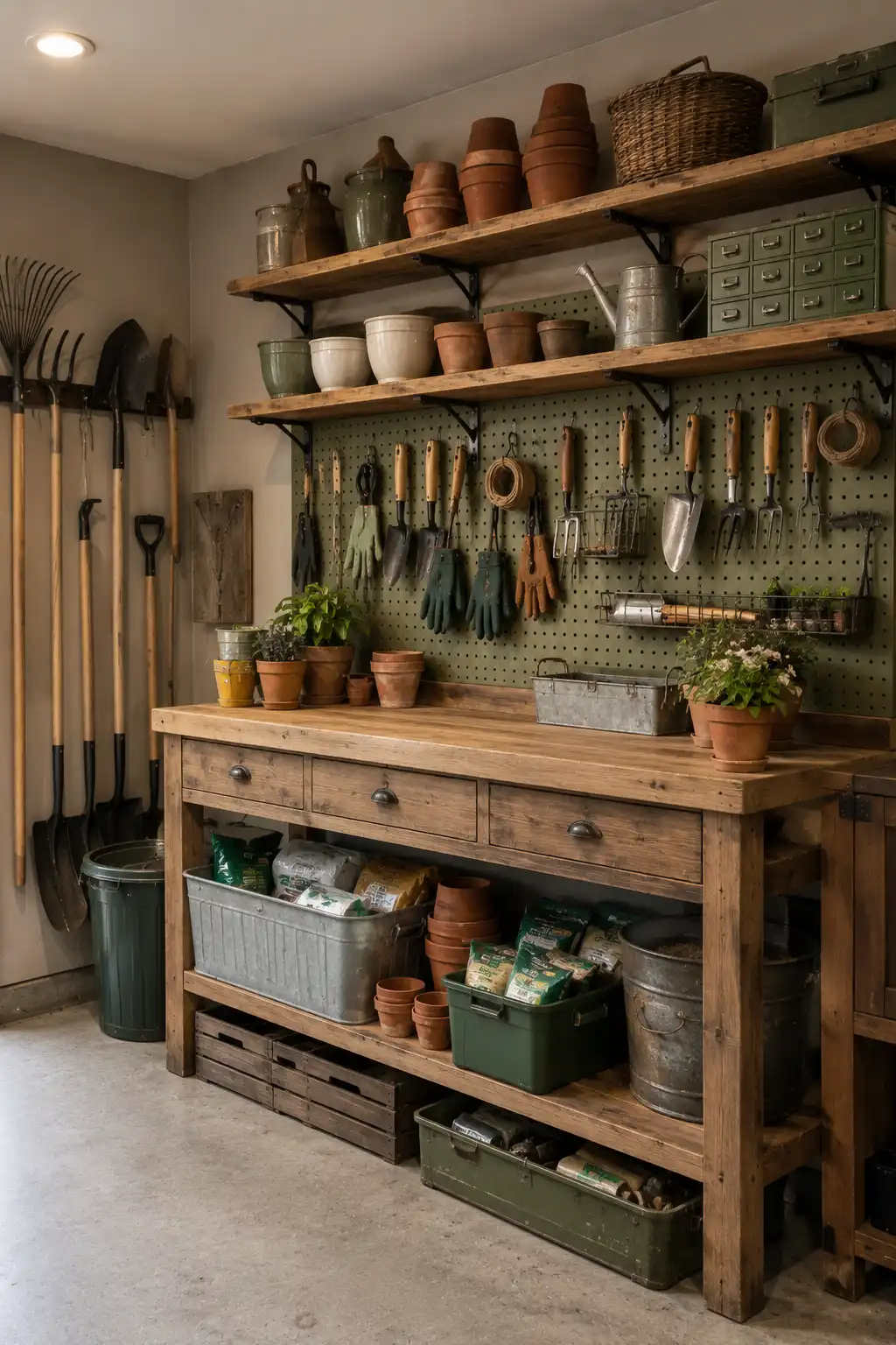 Cozy garage gardening station featuring a rustic wooden potting bench, olive green pegboard, organized garden hand tools, terracotta pots, watering cans, gloves, baskets, and open wood shelves. Long handled shovels, rakes, and garden forks are stored vertically beside the workbench for a practical and organized garage garden storage area.