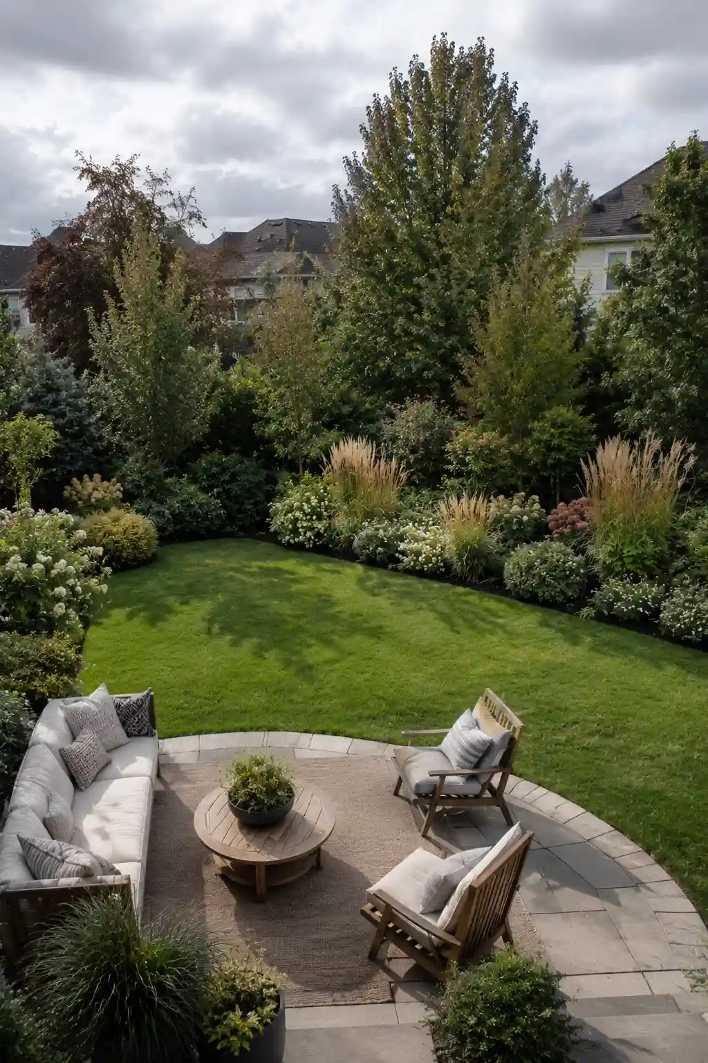 Beautiful backyard privacy landscaping with layered tall trees, dense shrubs, flowering plants, and ornamental grasses surrounding a green lawn and curved stone patio with comfortable outdoor seating.