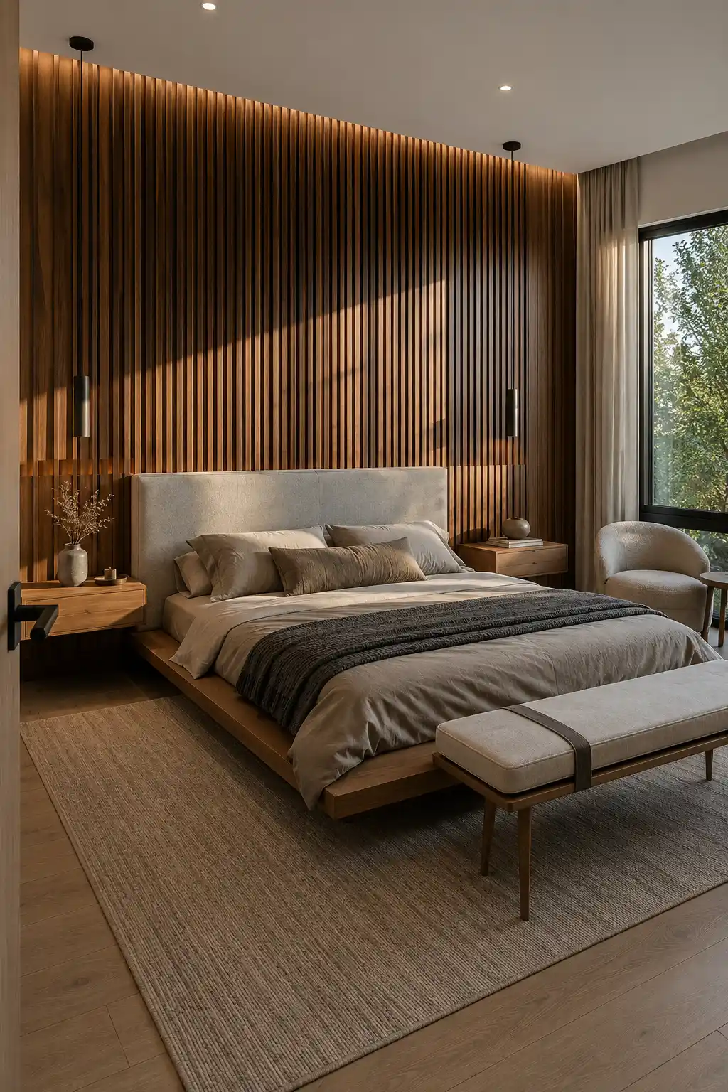 Warm modern bedroom featuring a floor to ceiling fluted wood feature wall behind the upholstered headboard, rich walnut tones, vertical timber detailing, soft pendant lights, neutral bedding, floating nightstands, and contemporary bedroom furniture.