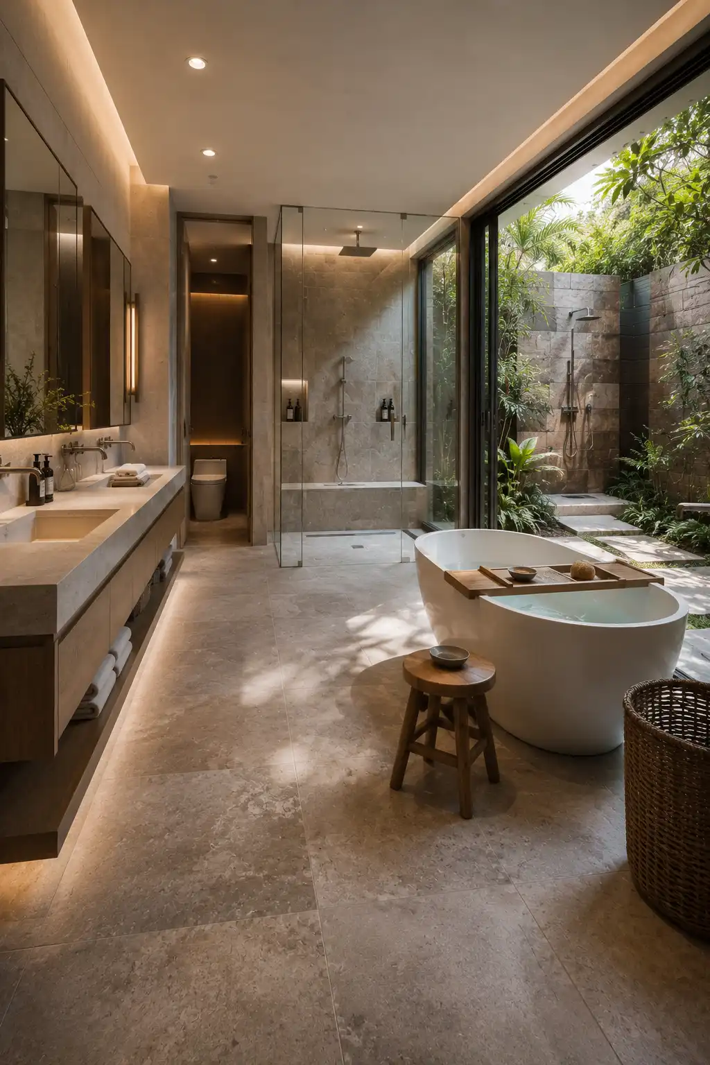 Indoor outdoor garden spa bathroom featuring a freestanding soaking tub beside wide glass doors, a private tropical courtyard, outdoor shower surrounded by lush greenery, floating double vanity, glass walk in shower, natural stone flooring, and warm architectural lighting.