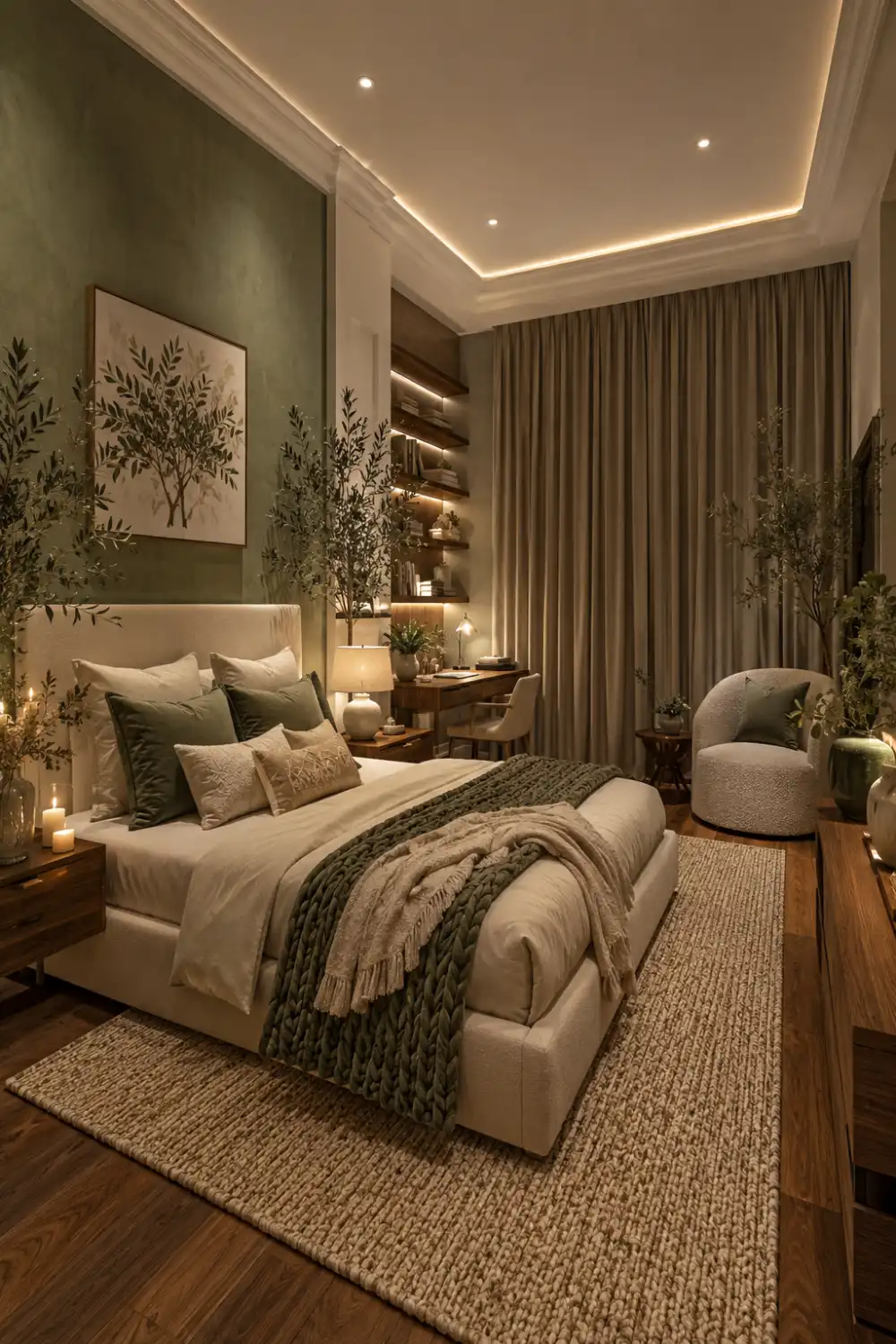 Elegant sage green bedroom with cream bedding, warm walnut furniture, olive tree decor, soft neutral textiles, luxury organic bedroom, calming bedroom colors, modern farmhouse bedroom, nature inspired interior, cozy bedroom styling, designer color palette ideas, timeless bedroom inspiration, luxury home decor.