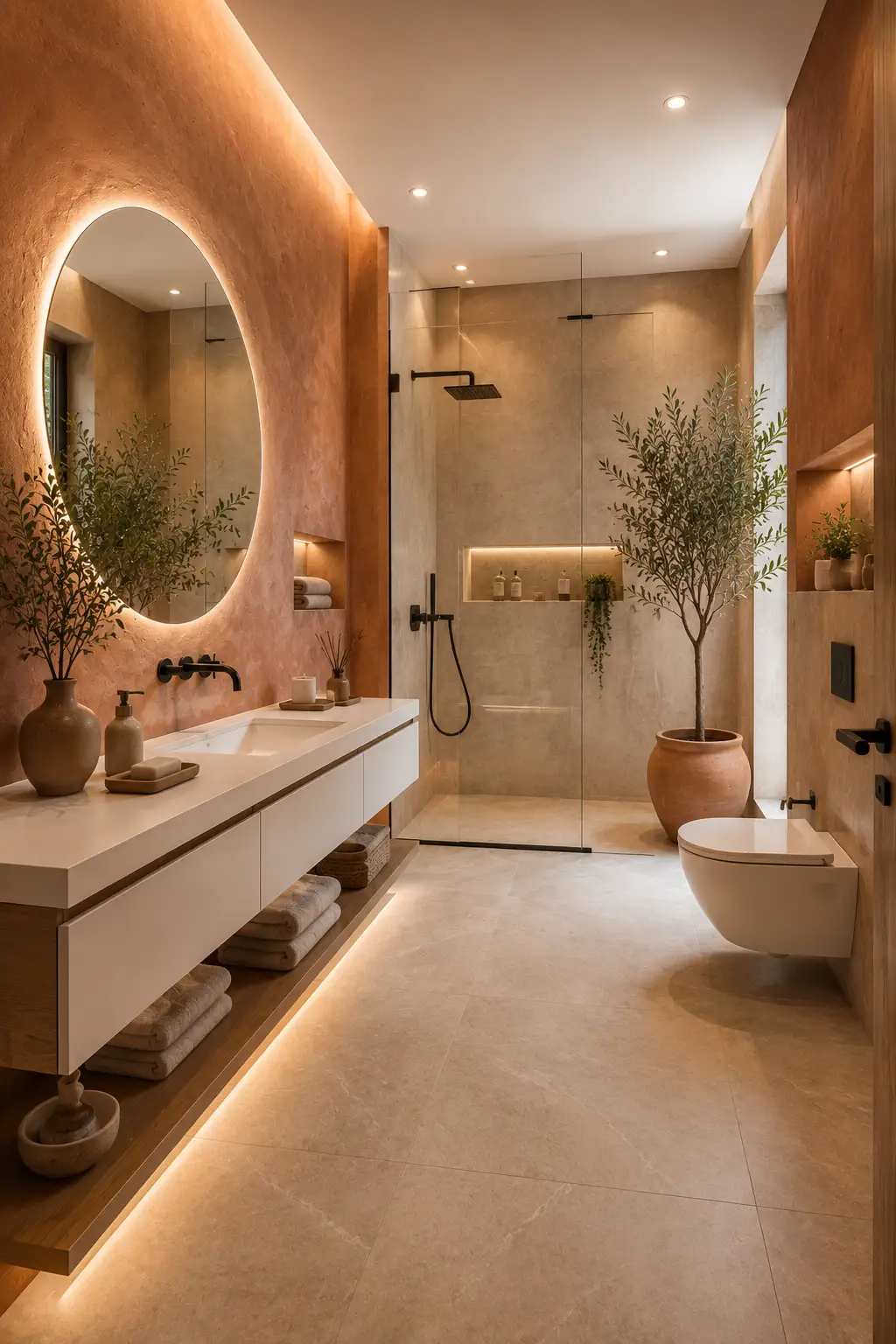 Beautiful earthy clay tone bathroom with textured clay walls, floating white oak vanity, oversized round LED mirror, frameless glass shower, matte black fixtures, warm beige stone tiles, indoor plants, and modern luxury bathroom design for family homes.