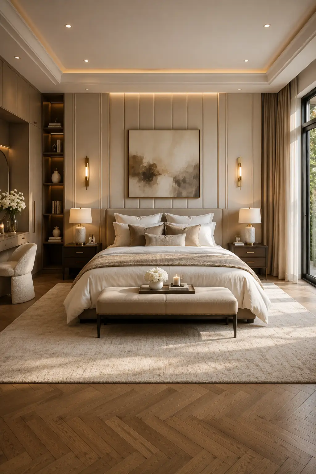 Luxury hotel inspired teen bedroom with upholstered feature wall, neutral color palette, elegant wall sconces, premium layered bedding, built in storage, stylish bench, warm lighting, oversized rug, and sophisticated modern bedroom decor.