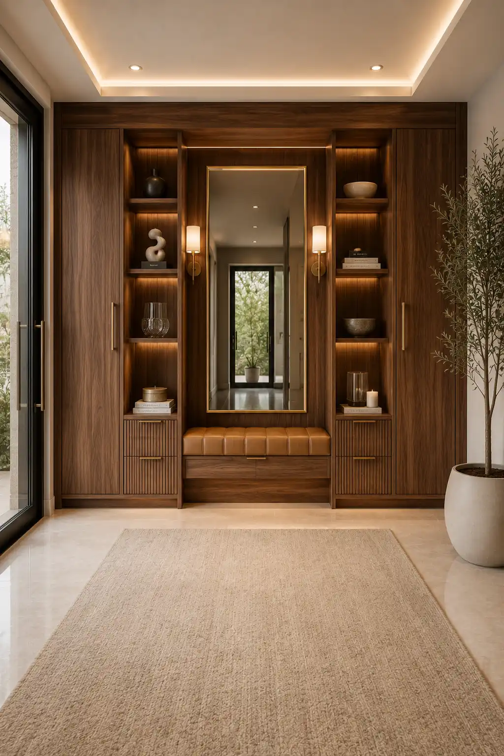 Luxury walnut entryway closet with floor to ceiling built in cabinets, hidden coat storage, concealed shoe compartments, leather bench, brass framed mirror, illuminated display shelves, porcelain flooring, and elegant modern entryway organization ideas.