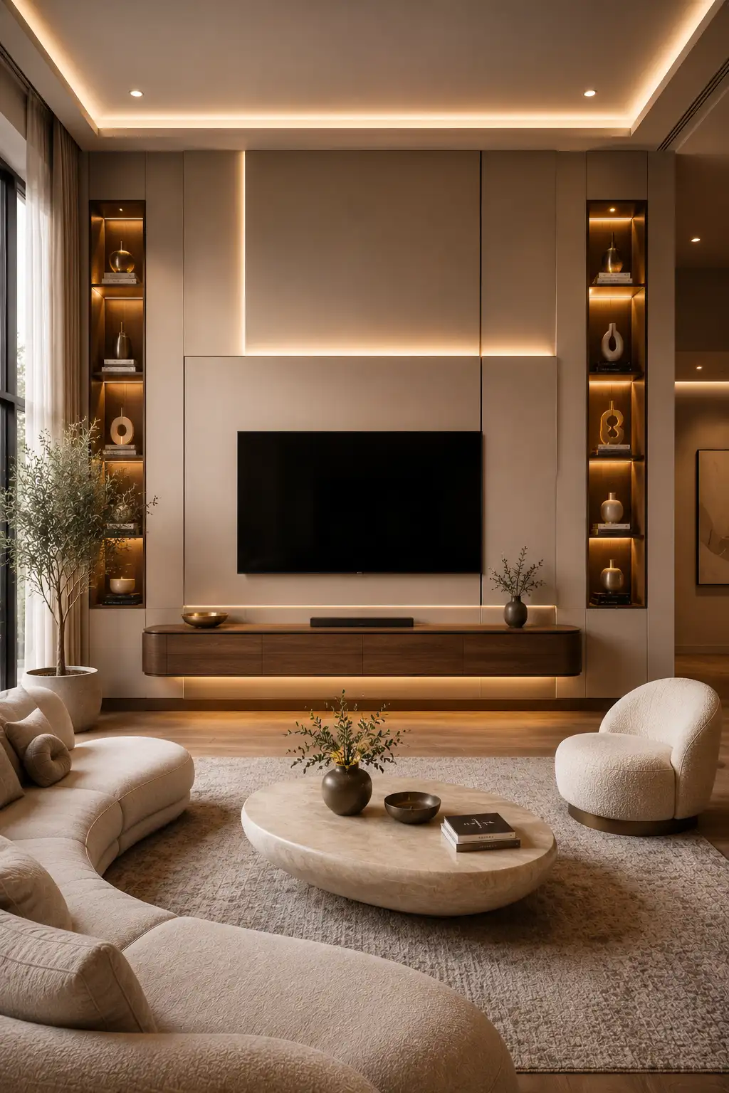 Layered minimalist TV wall with oversized architectural wall panels, floating walnut media cabinet, hidden warm LED lighting, illuminated shelving, premium neutral furnishings, and a sophisticated modern living room with luxury interior styling.