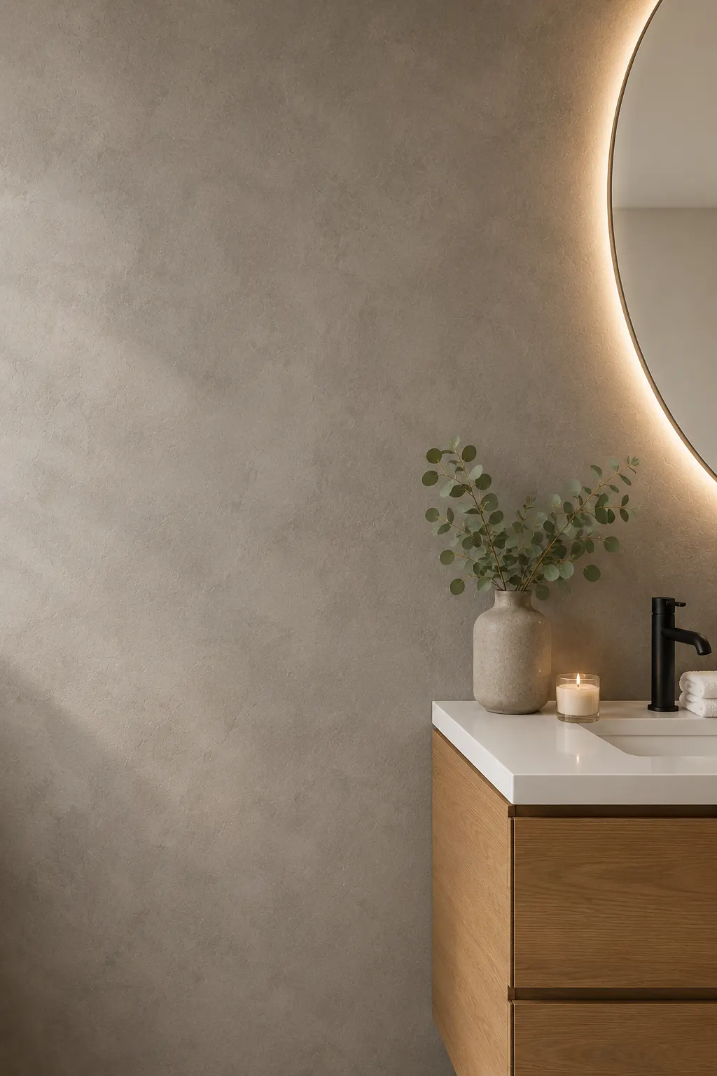 Contemporary warm gray microcement bathroom feature wall with seamless texture, floating oak vanity corner, matte black faucet, round LED mirror, minimalist ceramic decor, eucalyptus stems, and luxury modern small bathroom design inspiration.