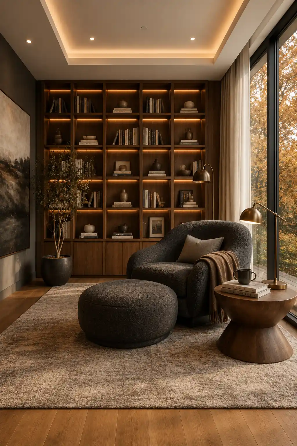 Luxury reading corner with a charcoal bouclé lounge chair, matching ottoman, custom walnut floor to ceiling bookshelves, integrated LED shelf lighting, brass reading lamp, sculptural walnut side table, textured neutral rug, decorative ceramics, oversized windows, cozy fall reading nook ideas, elegant modern home library inspiration.