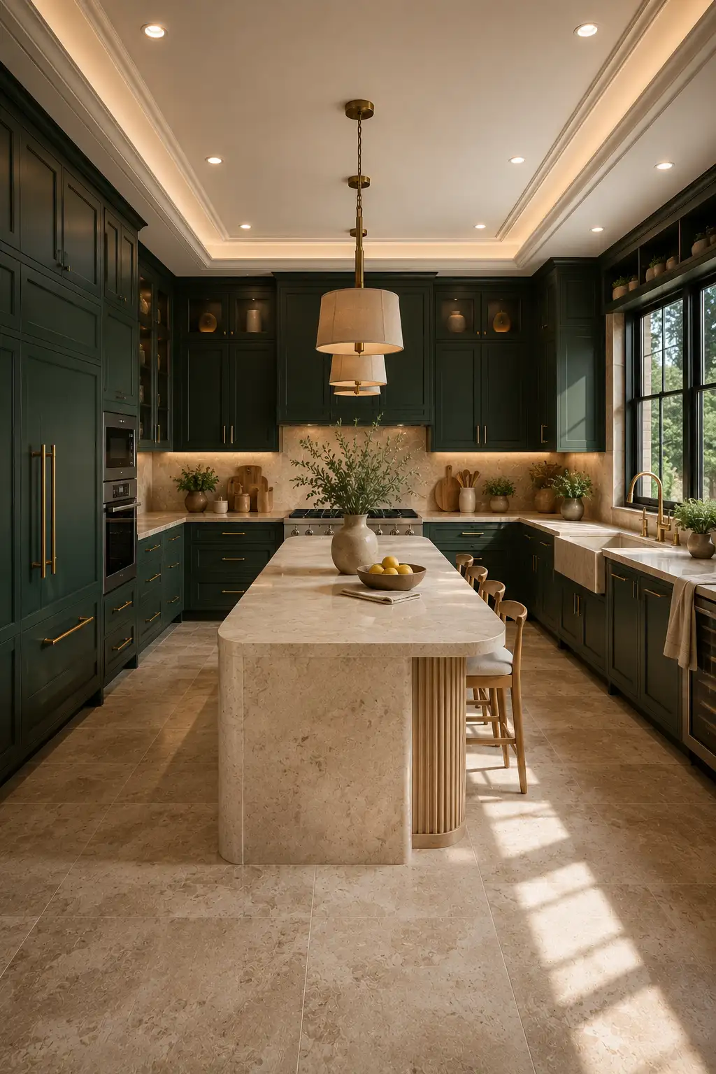 Luxury forest green and travertine kitchen with floor to ceiling green cabinetry, travertine waterfall island, full stone backsplash, champagne bronze hardware, designer lighting, integrated appliances, oversized windows, and an elegant 2026 kitchen color palette.