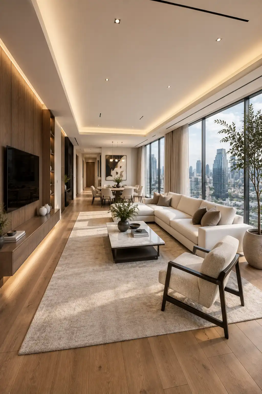Modern sofa facing the kitchen in a small open concept living room featuring a cream sofa, sleek rectangular coffee table, oversized area rug, custom walnut TV wall, open dining space, minimalist kitchen, floor-to-ceiling windows, luxury neutral interior, and contemporary apartment layout.