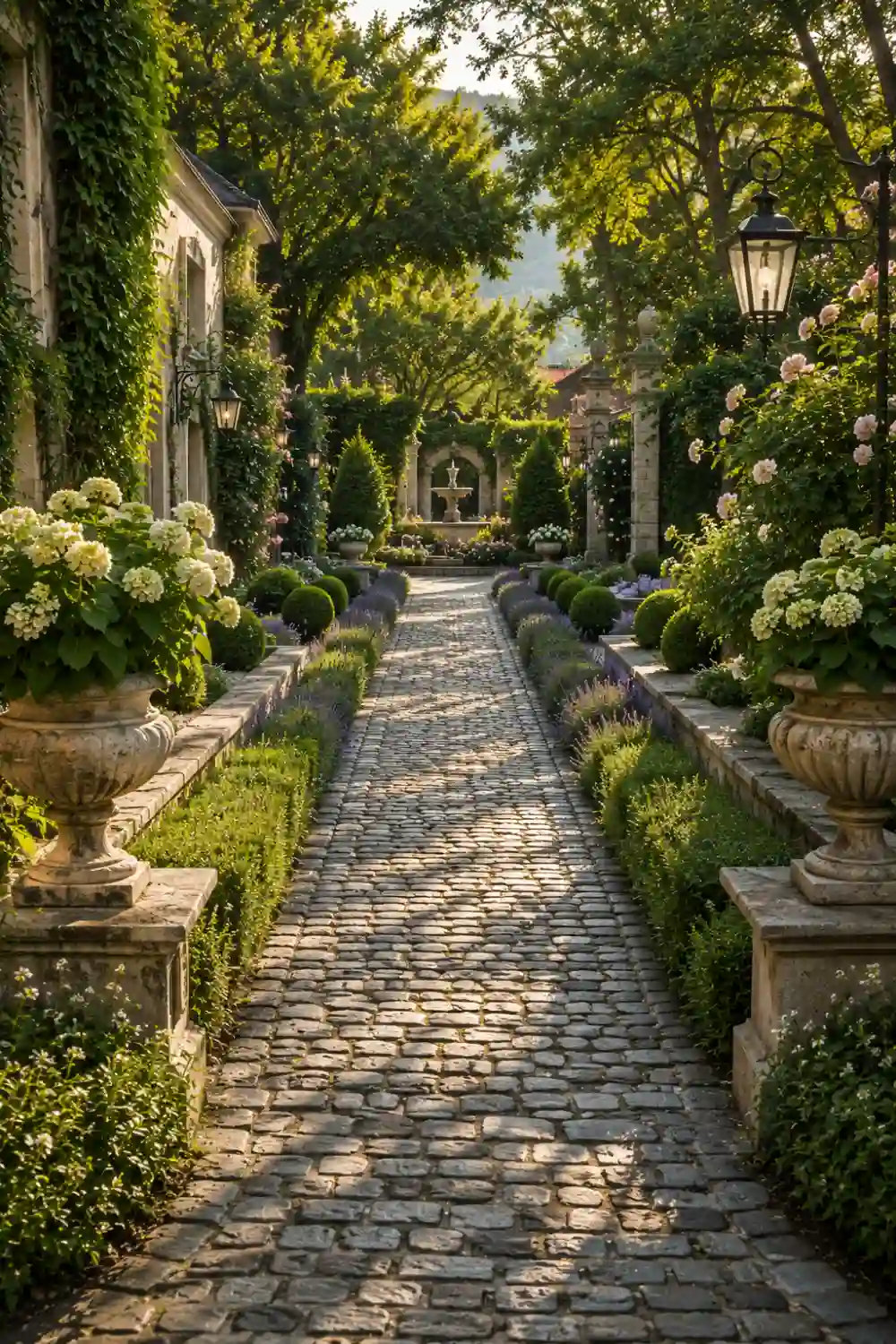 Classic cobblestone garden path leading through elegant landscaping with lavender borders, trimmed boxwood hedges, stone planters, mature trees, and a decorative fountain, creating a timeless European inspired backyard garden walkway.