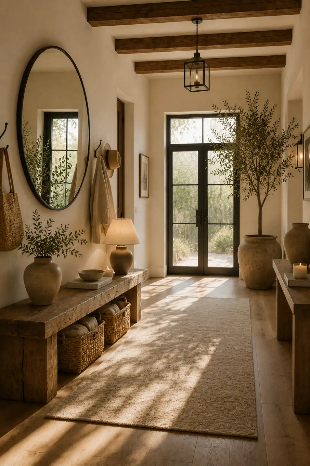 Luxury modern rustic entryway featuring a handcrafted solid oak bench, oversized round black framed mirror, woven storage baskets, exposed wood ceiling beams, warm oak flooring, matte black lantern pendant, ceramic planters, textured runner rug, indoor olive tree, and a stylish black steel front door with soft natural daylight.