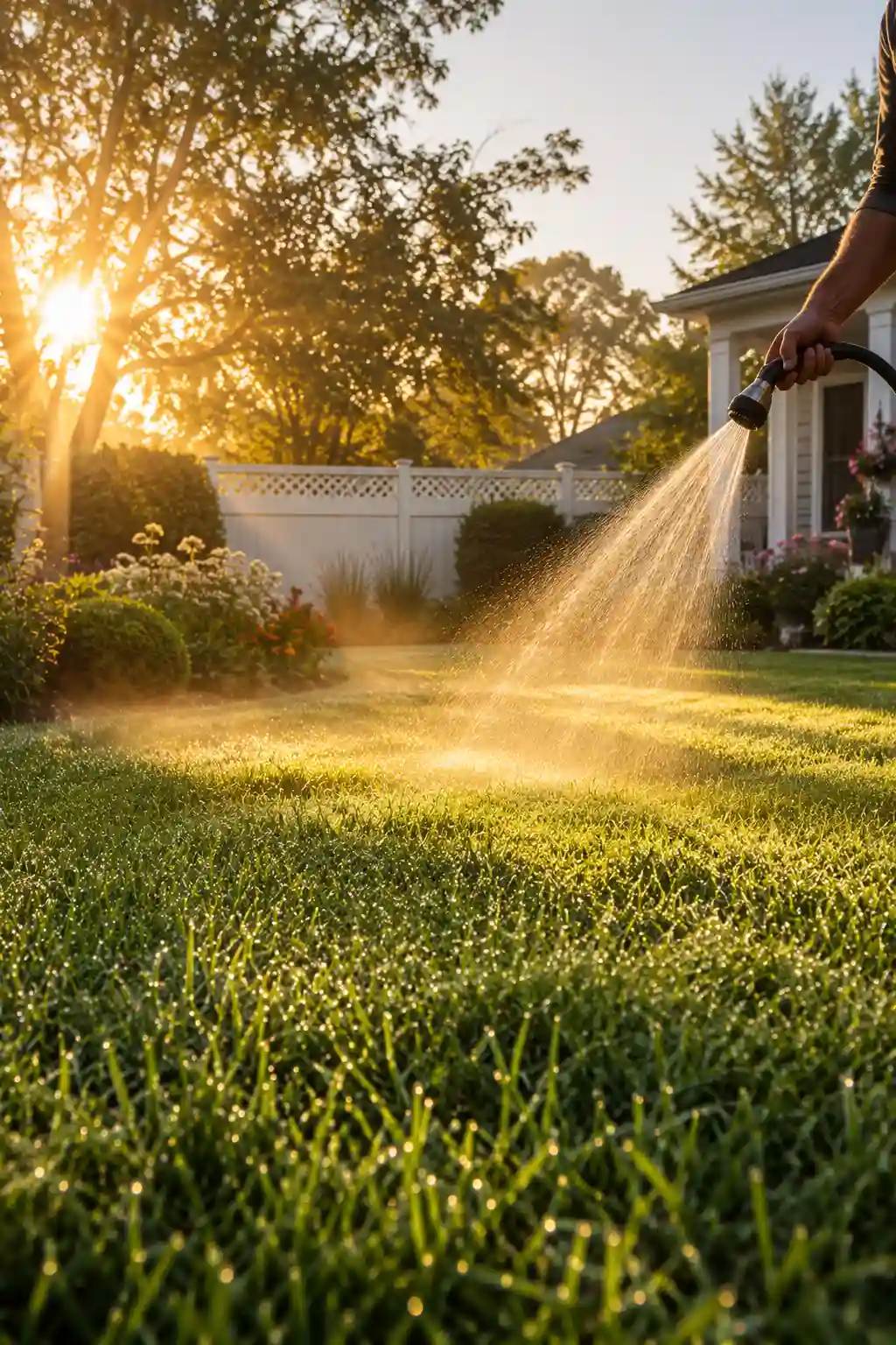 Homeowner watering a healthy green lawn with a garden hose during early morning sunrise, providing deep hydration for stronger roots, lush grass growth, backyard landscaping, and effective lawn care maintenance throughout the growing season.