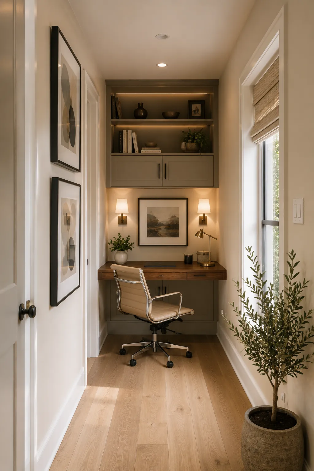 Modern hallway home office with a floating walnut desk, built in storage cabinets, open shelving, elegant wall lighting, decorative artwork, oak flooring, indoor plants, and a smart narrow workspace designed for small homes and apartments.