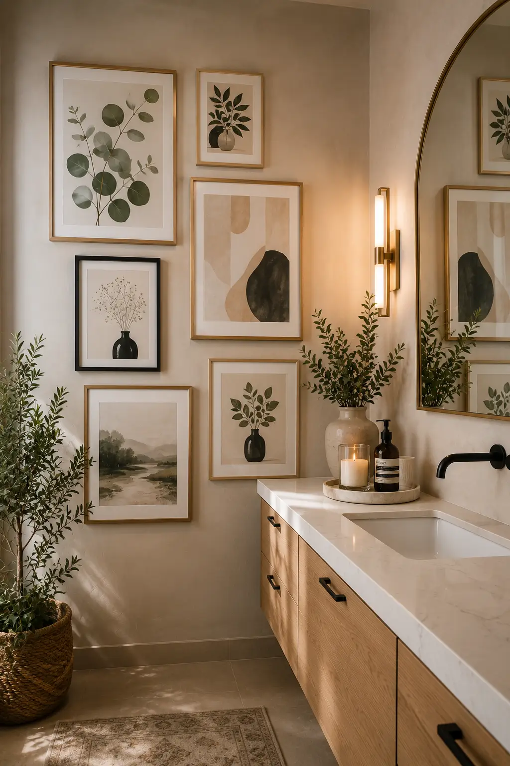 Elegant guest bathroom featuring a gallery wall of framed botanical prints and abstract artwork above a floating oak vanity with warm lighting, greenery, and modern accessories for timeless bathroom wall decor.