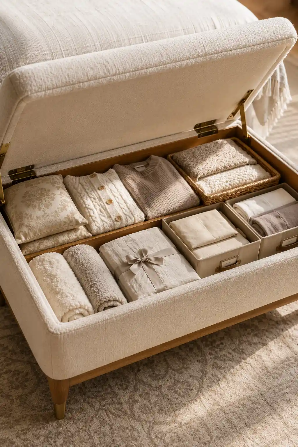 Luxury upholstered ottoman storage bench with a hidden compartment filled with folded blankets, decorative pillows, seasonal clothing, and woven storage baskets, adding stylish hidden storage to a modern small bedroom.