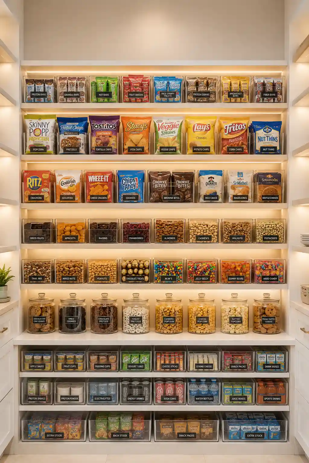 Beautiful pantry snack station with clear acrylic storage bins filled with snacks, protein bars, crackers, popcorn, cookies, dried fruit, granola bars, labeled containers, white cabinetry, warm LED lighting, and modern pantry organization ideas for busy family kitchens.