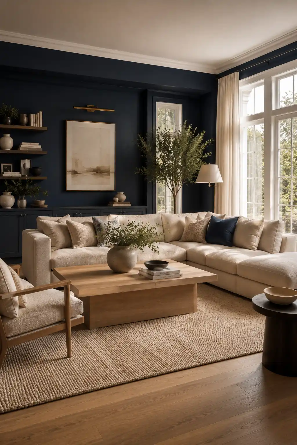 Luxury navy blue and taupe living room featuring deep navy paneled walls, oversized taupe sectional sofa, light wood coffee table, floating wood shelves, neutral ceramic décor, oversized abstract wall art, brass picture light, textured woven rug, tall windows with linen curtains, indoor olive tree, and warm oak flooring in an elegant modern home.
