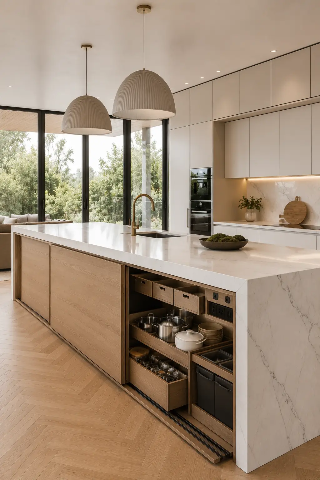 Modern kitchen island with concealed sliding panel storage featuring waterfall quartz countertops, hidden cookware drawers, built in organizers, integrated power outlets, white oak cabinetry, luxury kitchen island design, minimalist storage solutions, open concept kitchen, contemporary home decor, and elegant hidden kitchen ideas.