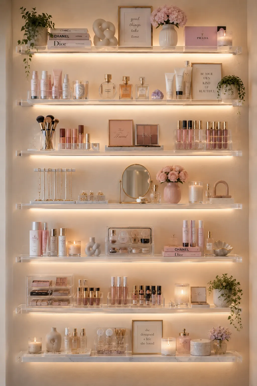 Luxury acrylic floating beauty shelves displaying skincare, makeup, perfumes, candles, flowers, and decorative accessories with warm LED lighting in a modern teen girl bedroom vanity wall design.