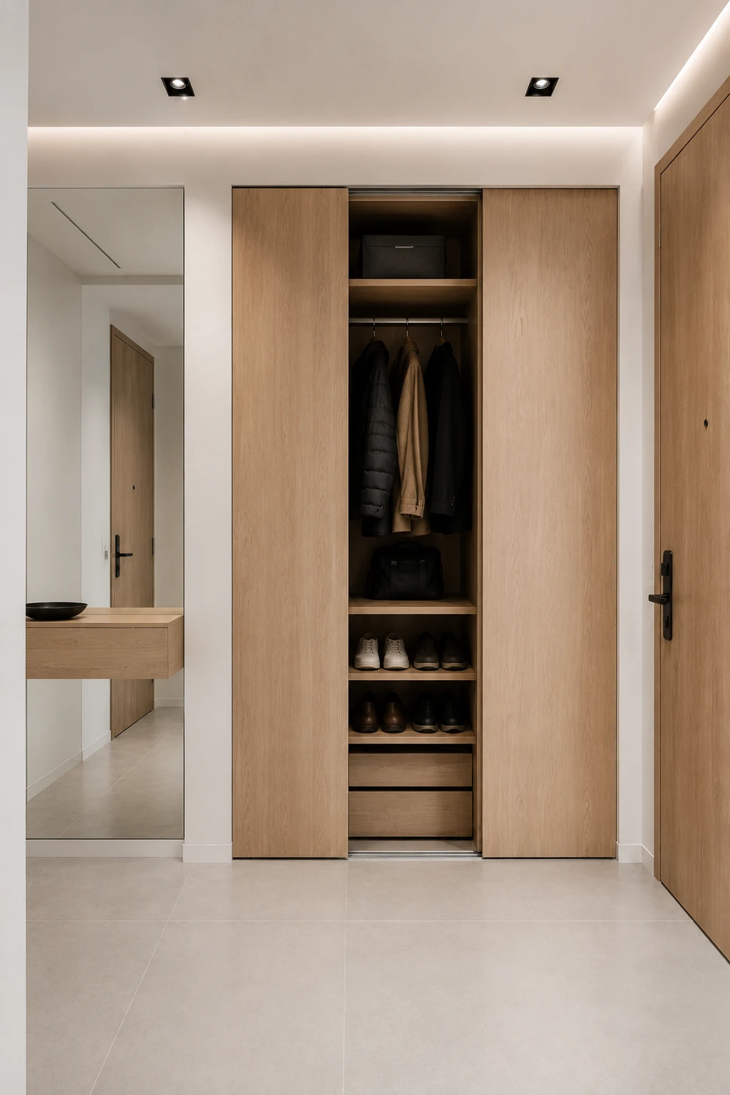 Luxury modern entryway featuring built in sliding closet doors, concealed coat and shoe storage, full height mirror, floating console shelf, warm oak cabinetry, recessed ceiling lights, and a clean minimalist hallway with hidden organization.